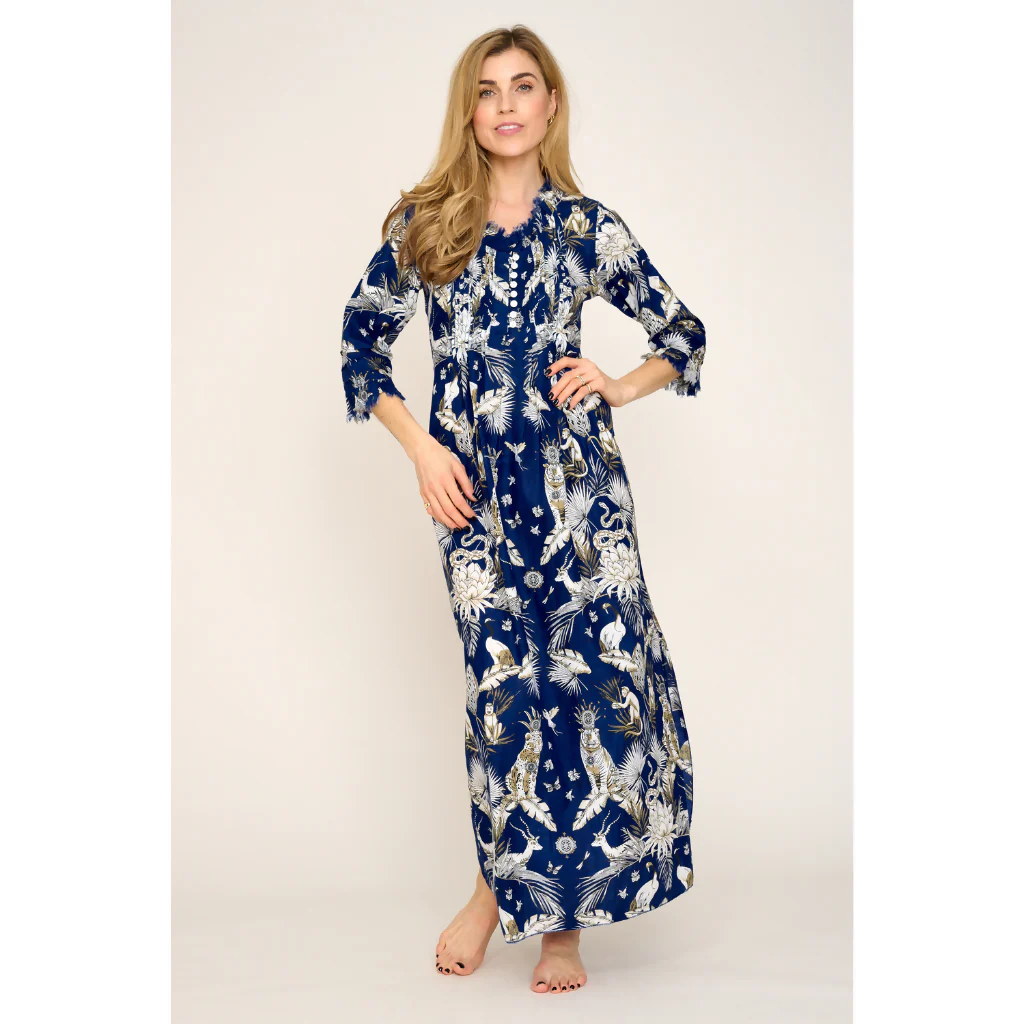 Cotton Annabel Maxi Dress in Navy Tropical - Image 3