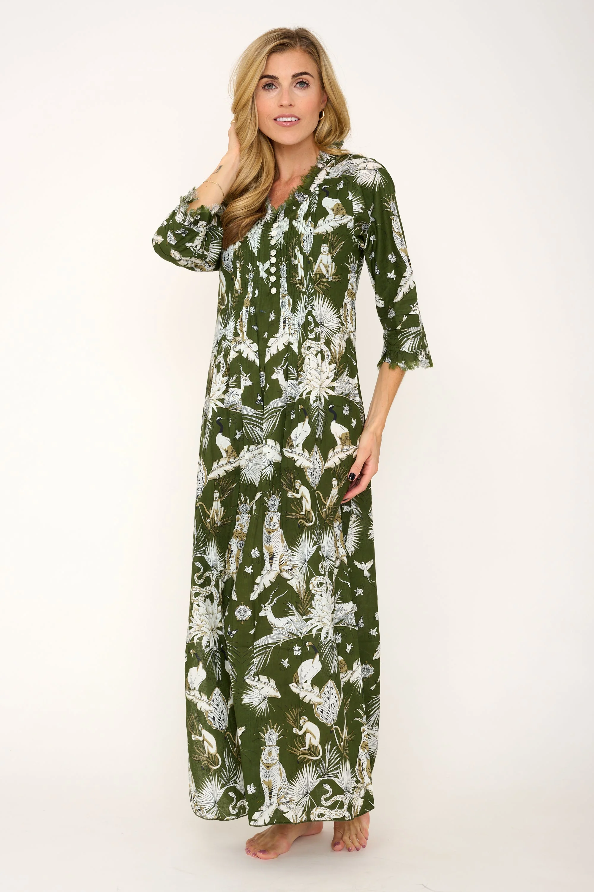 Cotton Annabel Maxi Dress in Olive Green Tropical - Image 3