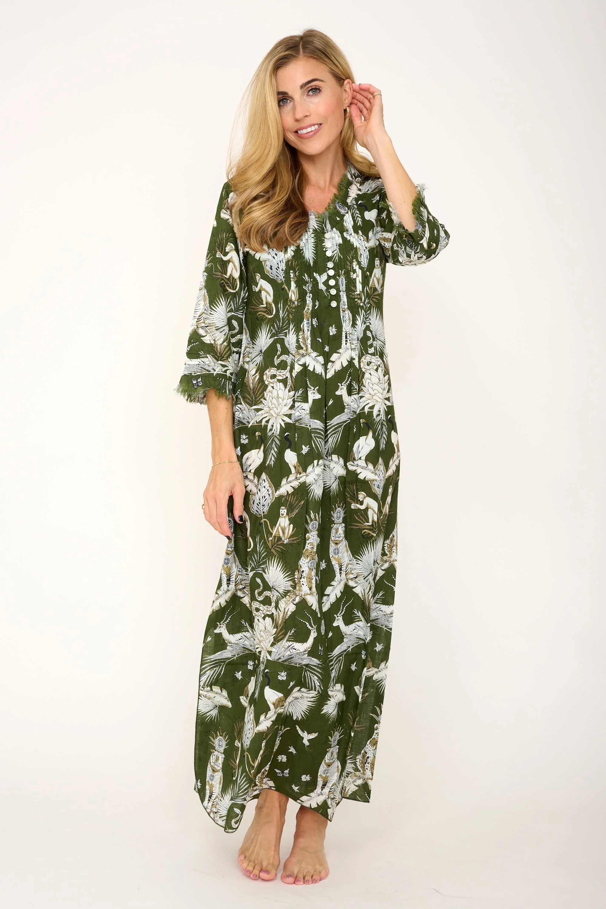 Cotton Annabel Maxi Dress in Olive Green Tropical - Image 5