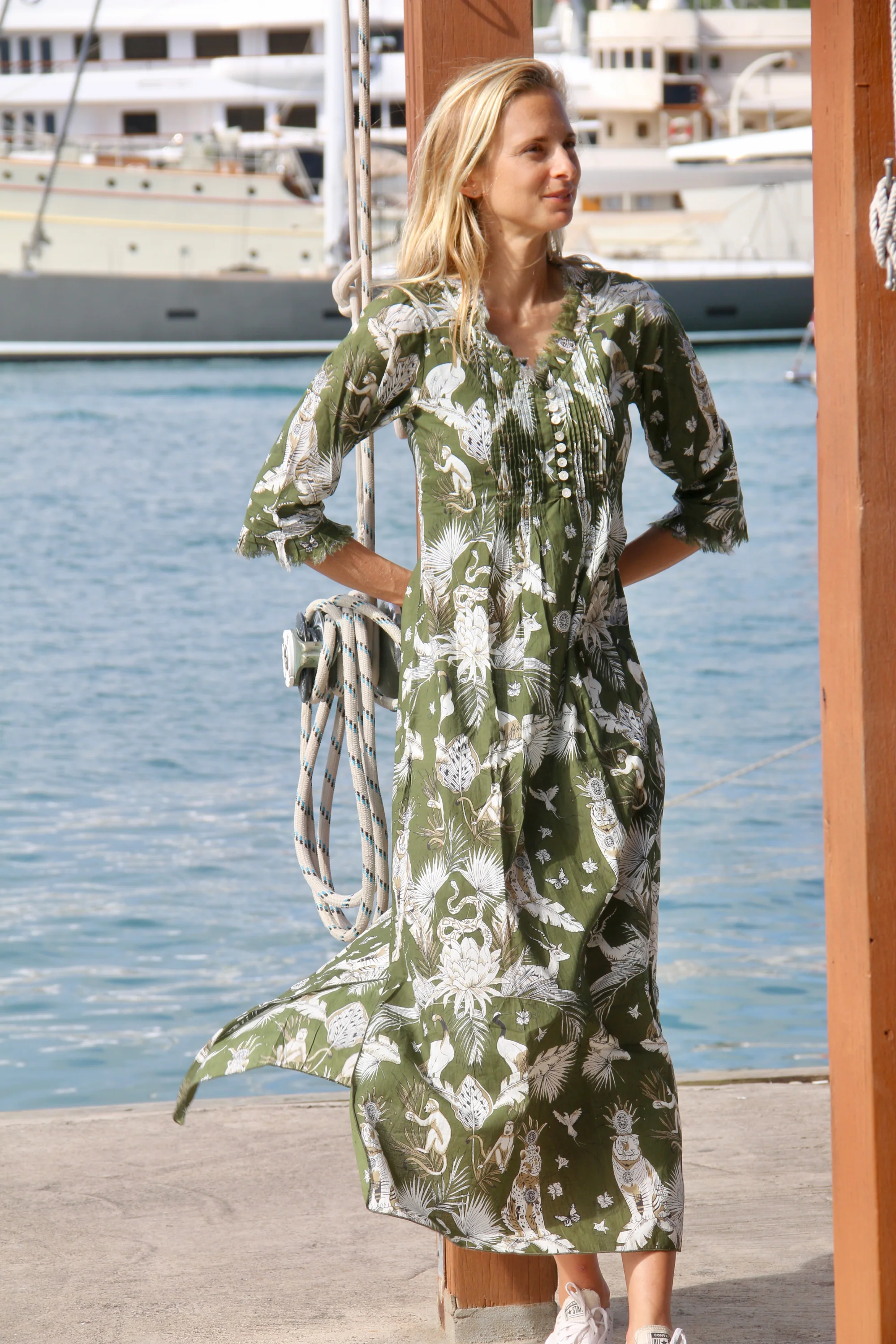 Cotton Annabel Maxi Dress in Olive Green Tropical - Image 9