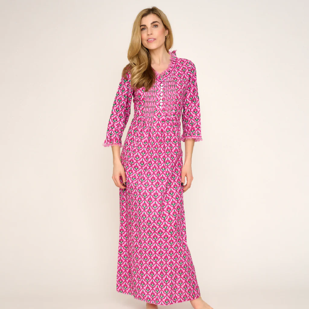 Cotton Annabel Maxi Dress in Pink & Green Moroccan