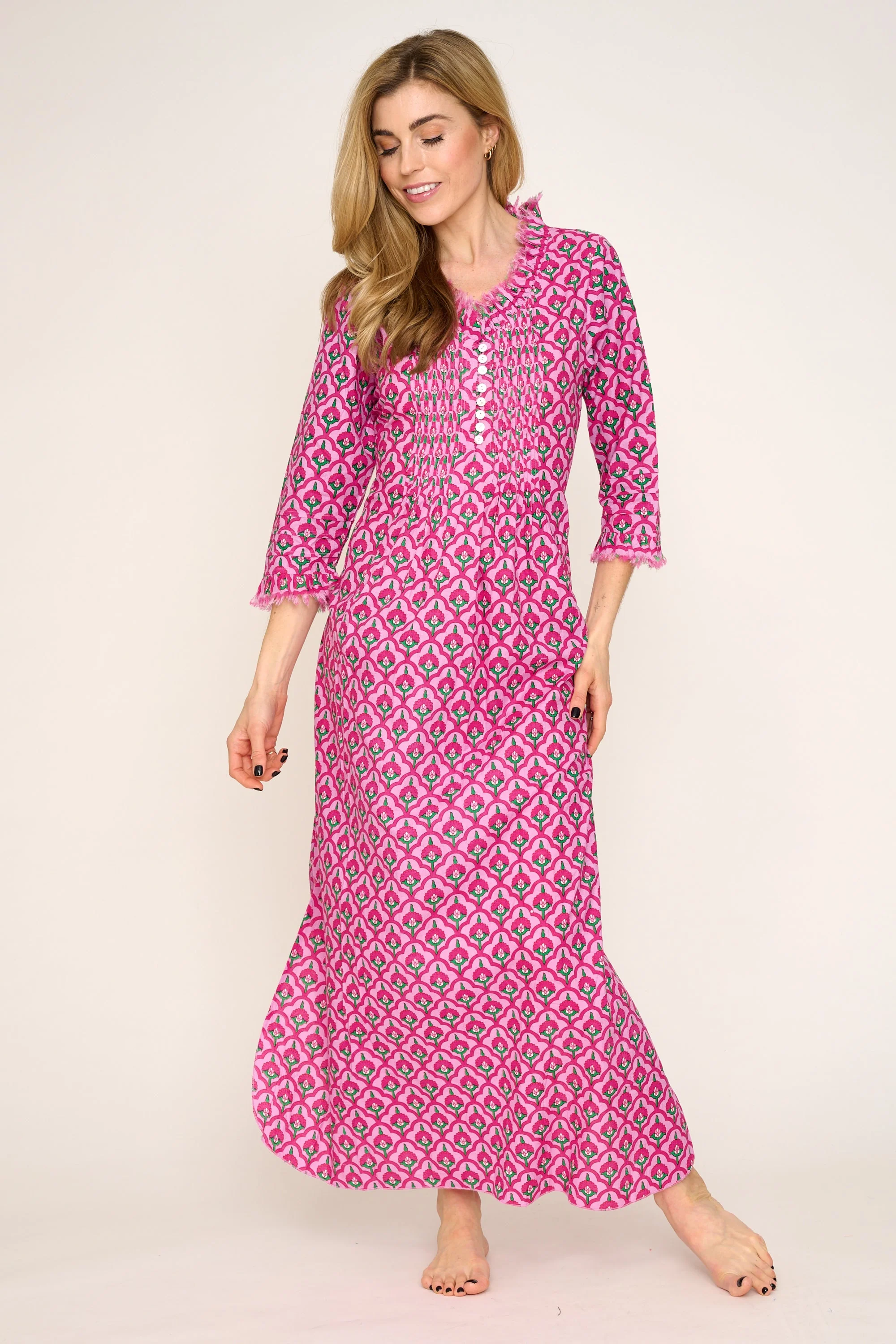 Cotton Annabel Maxi Dress in Pink & Green Moroccan - Image 3