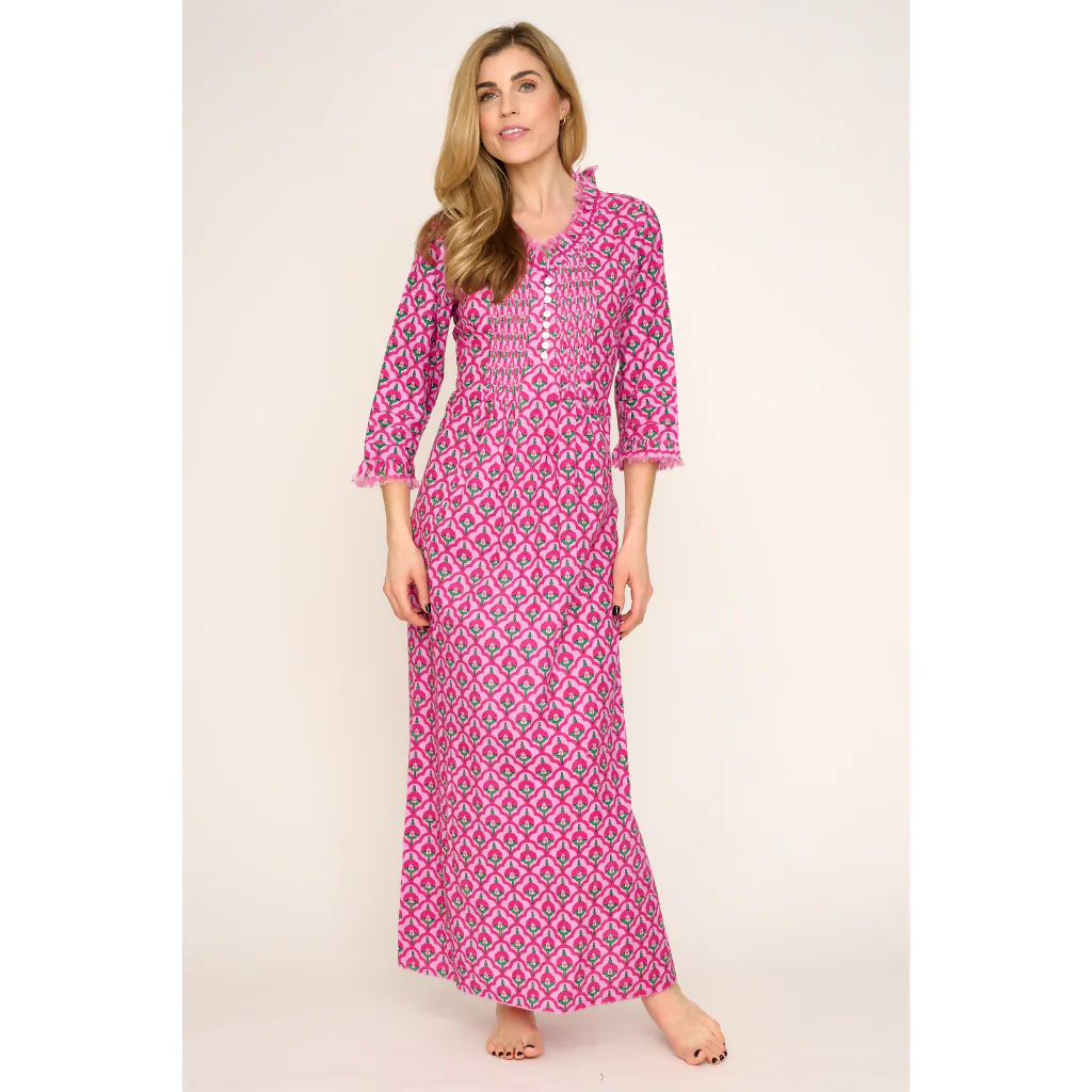 Cotton Annabel Maxi Dress in Pink & Green Moroccan - Image 4