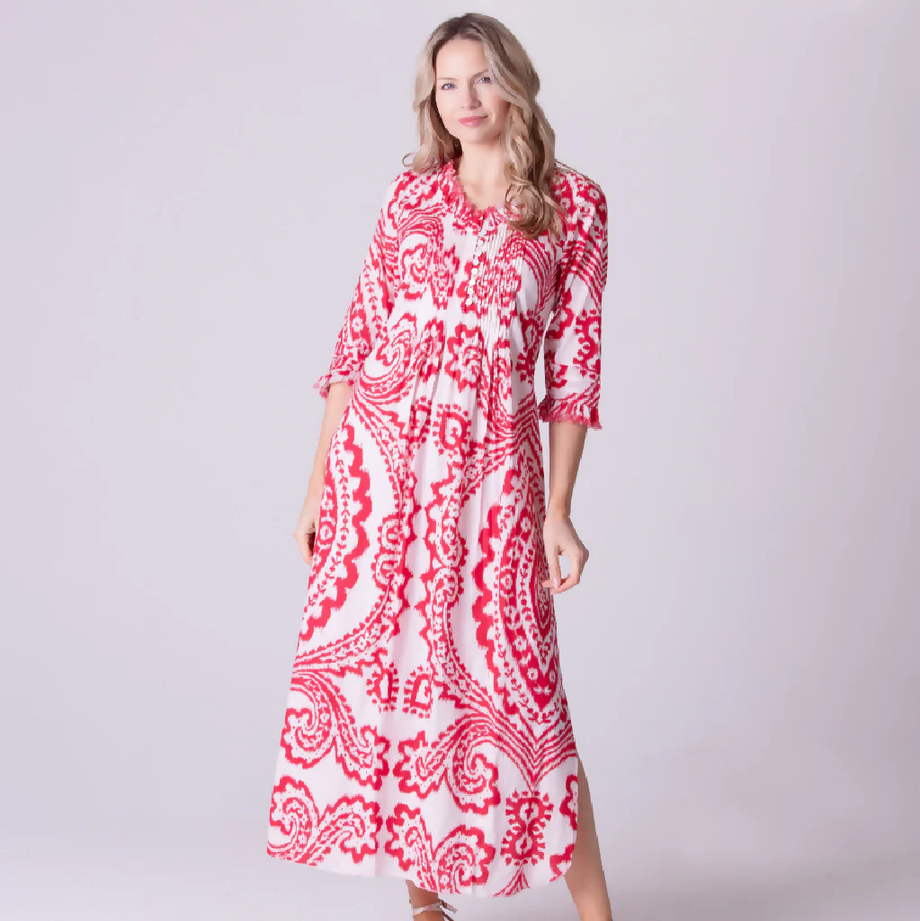 Cotton Annabel Maxi Dress in Red & White Ikat