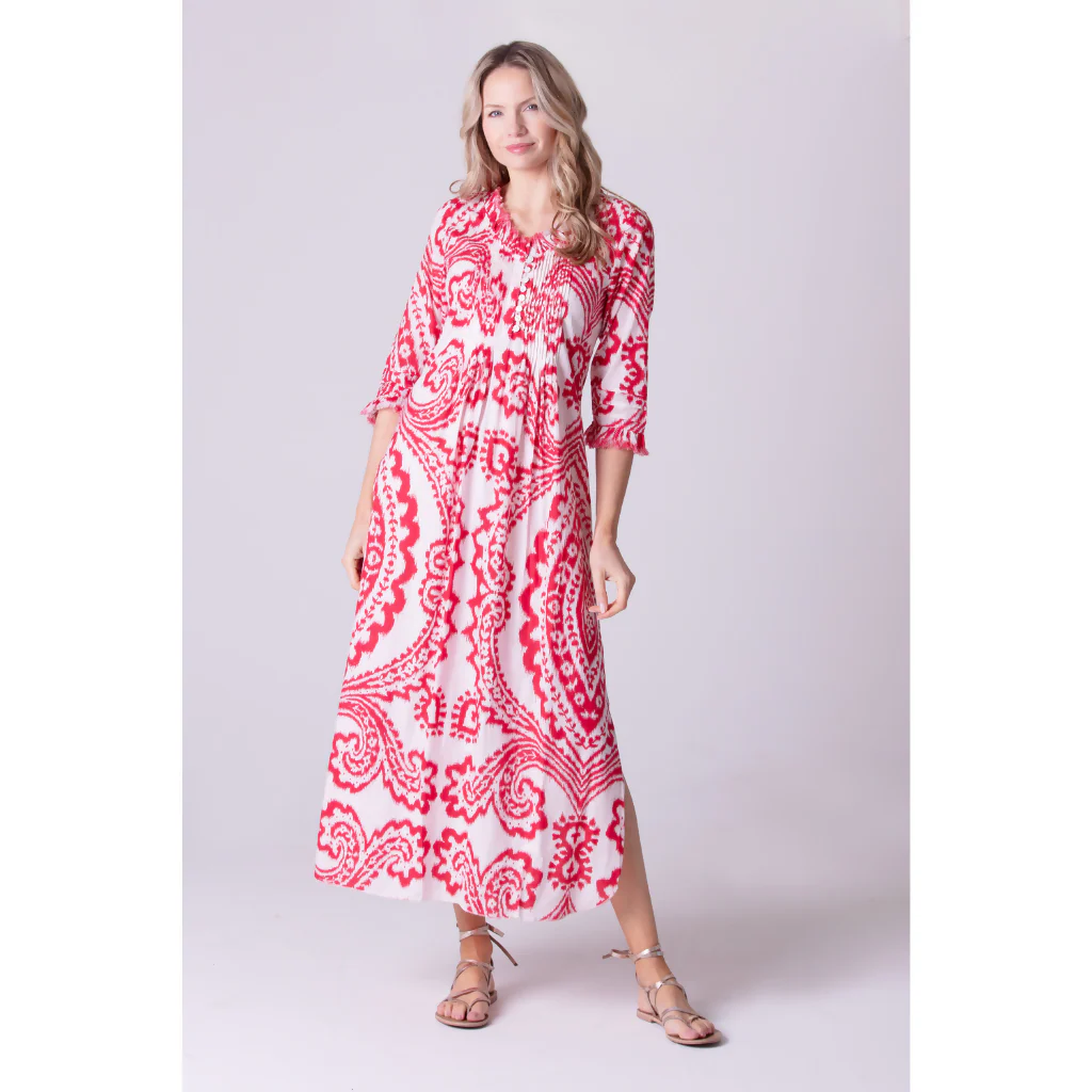 Cotton Annabel Maxi Dress in Red & White Ikat - Image 3