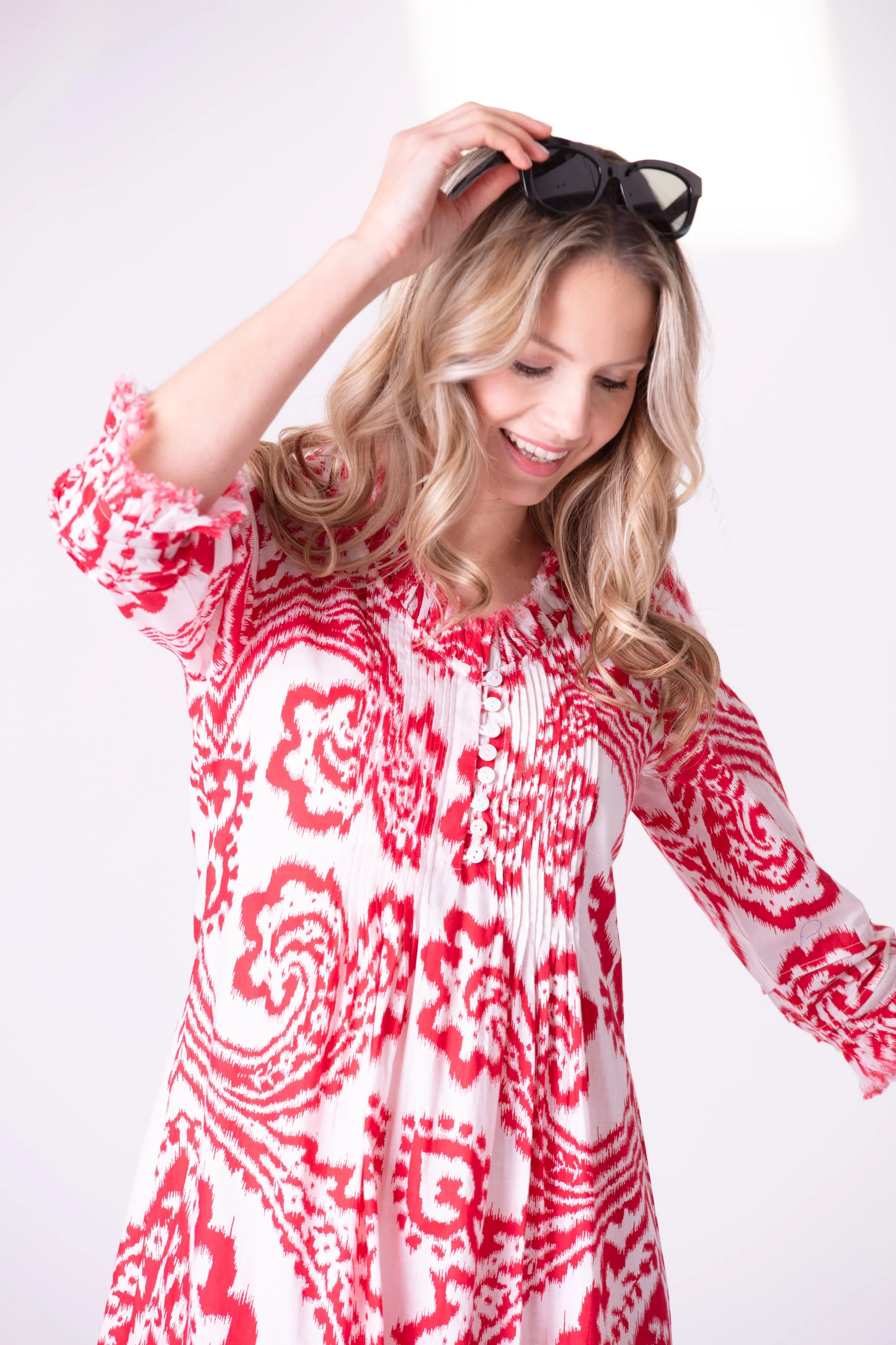 Cotton Annabel Maxi Dress in Red & White Ikat - Image 4