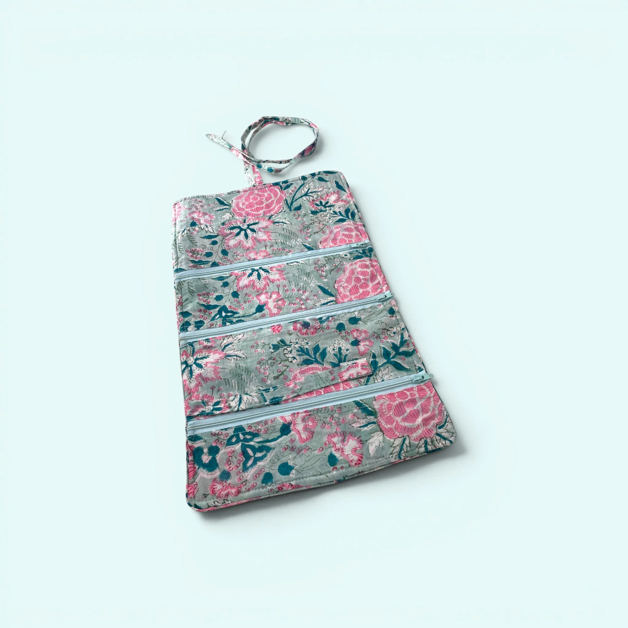 Cotton Jewellery Roll - Ditsy Duck Egg Blue and Pink Floral - Image 3