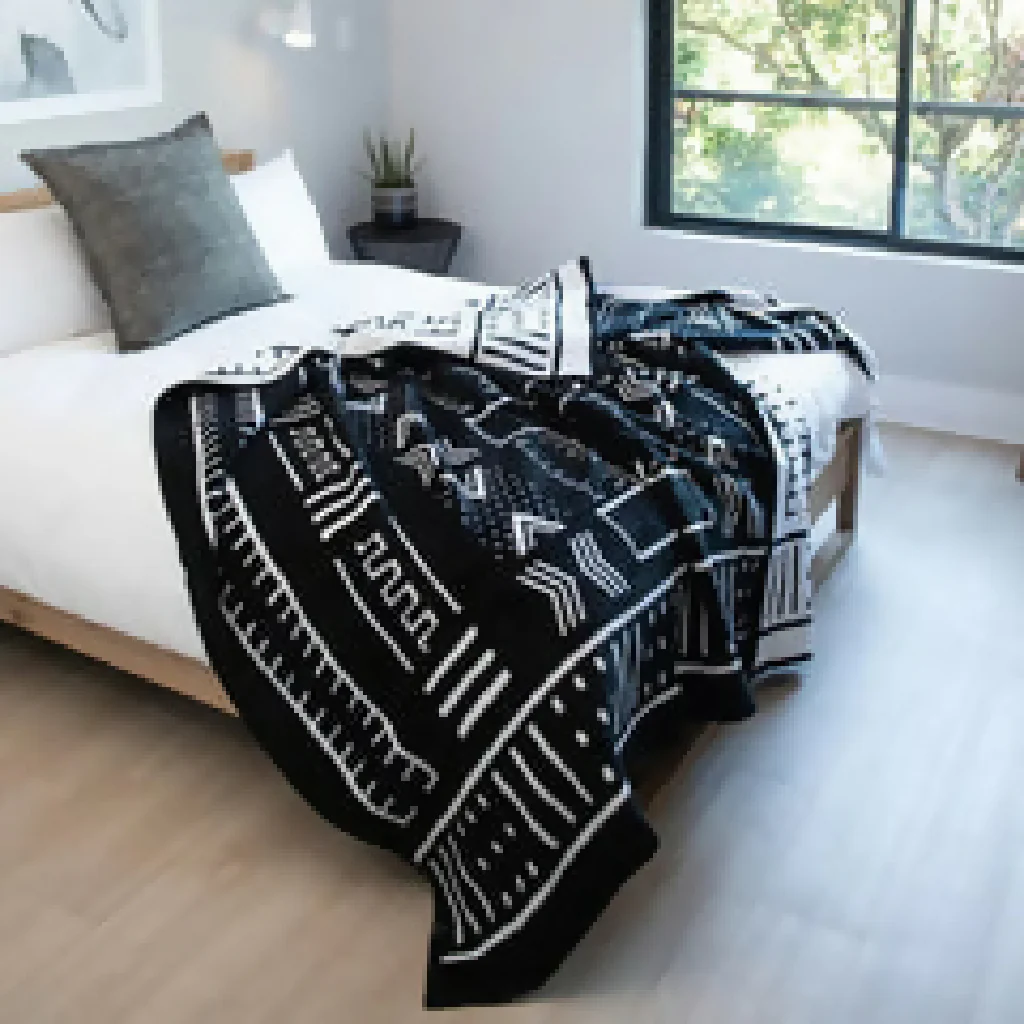 Cotton Suede Mali Mud Cloth Throw Blanket in Black and White - Image 3