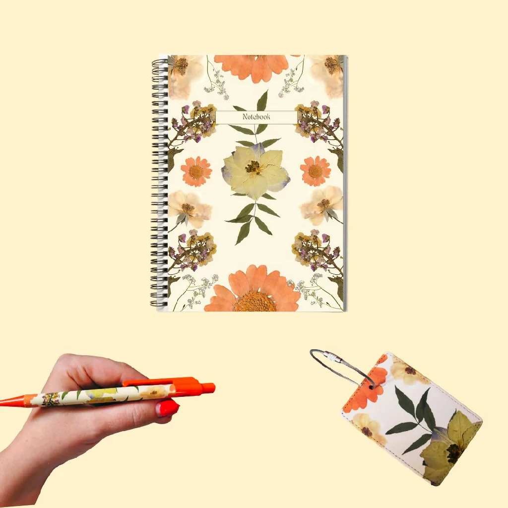 Cream summer stationery set: notebook, luggage tag and pen