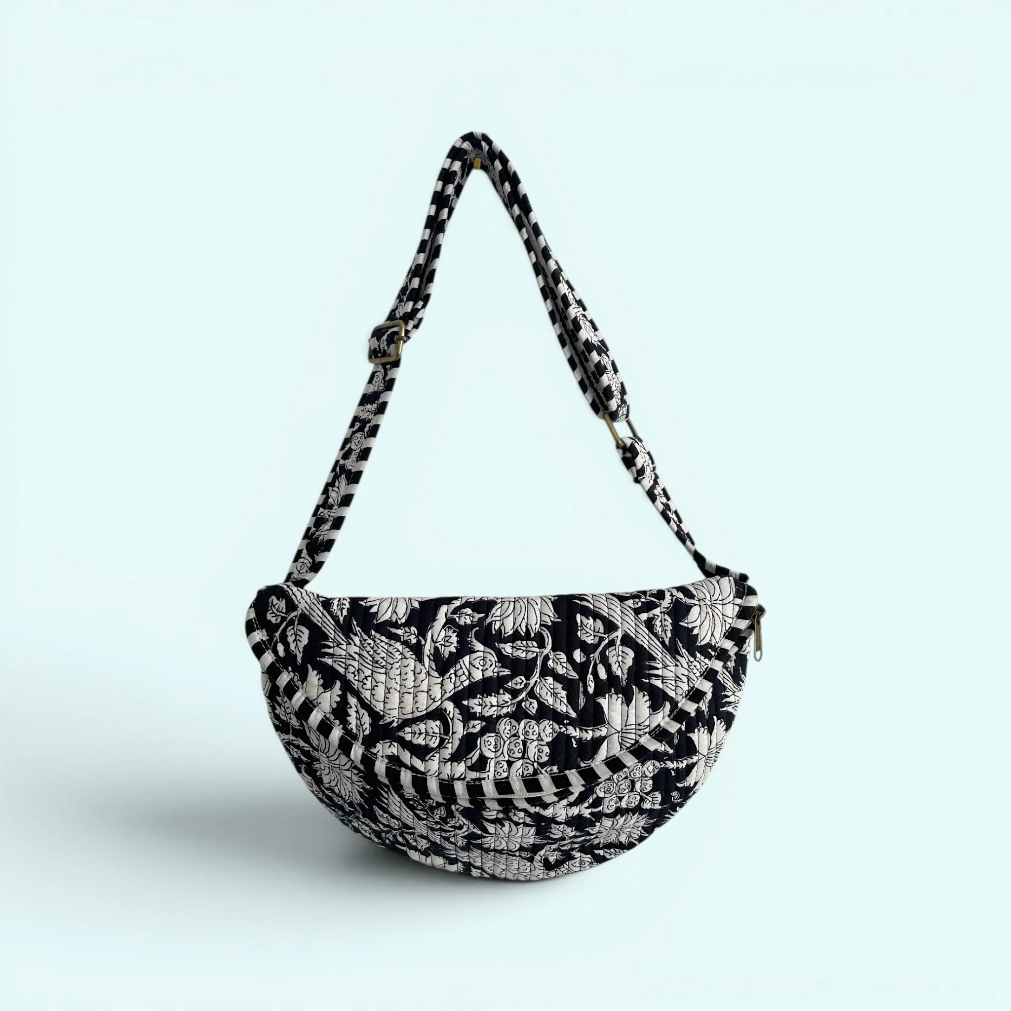 Cross Body Sling Bag - Black and White Block Print Floral Cotton - Image 2