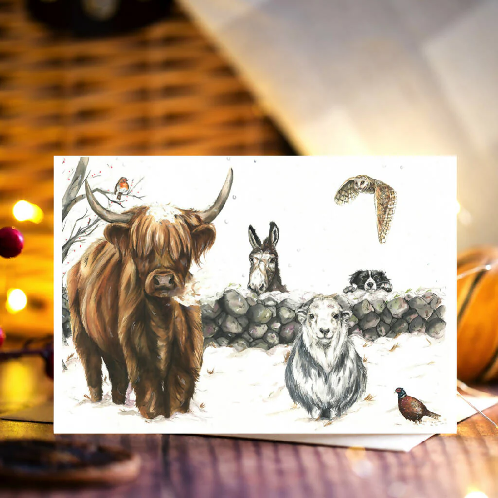 'Cumbrian Christmas' Highland Cow, Herdwick Sheep and Friends Christmas Card - Image 2