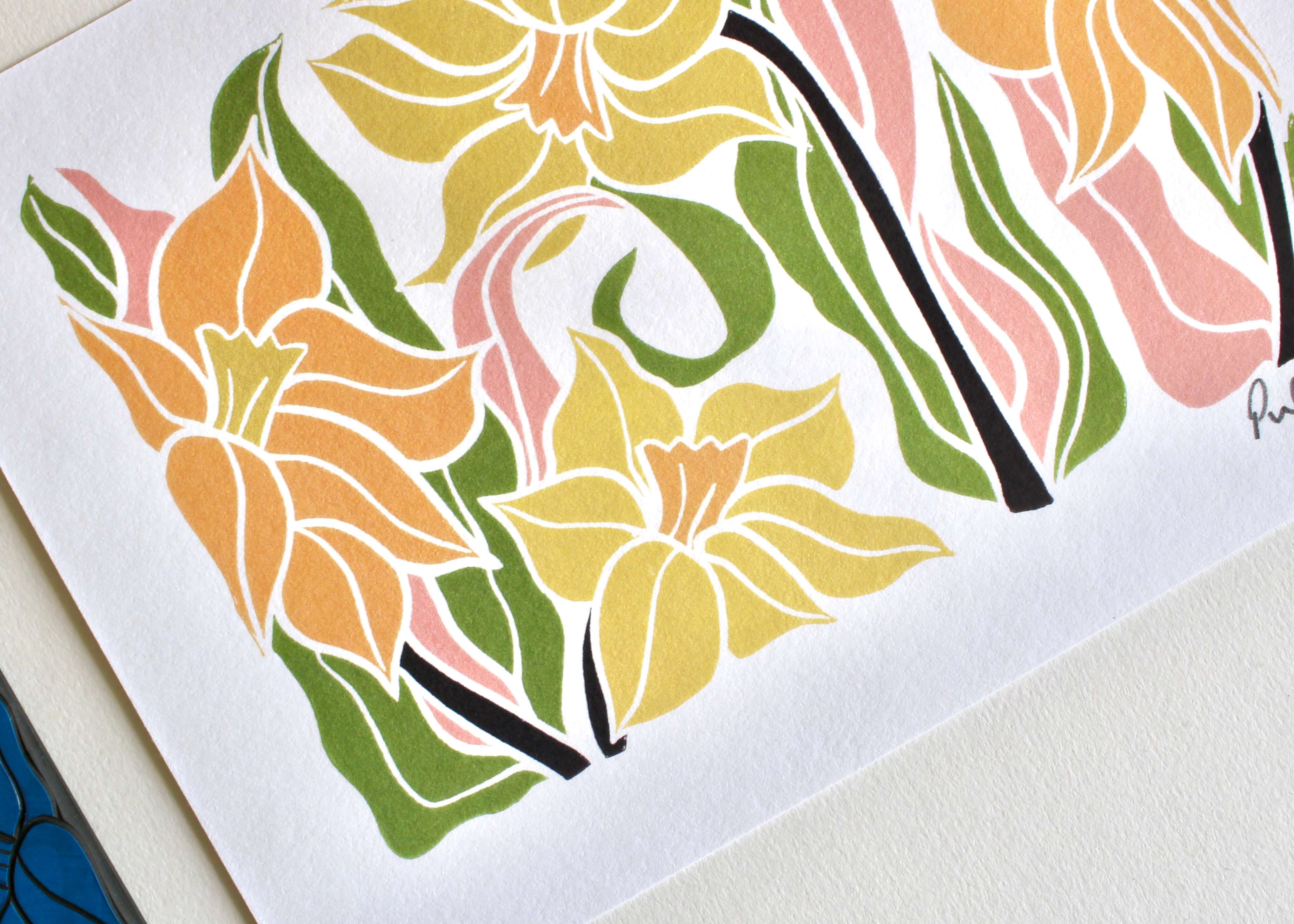 Daffodils Linocut Art Print | A5 or A4 on Cotton Paper - Image 2