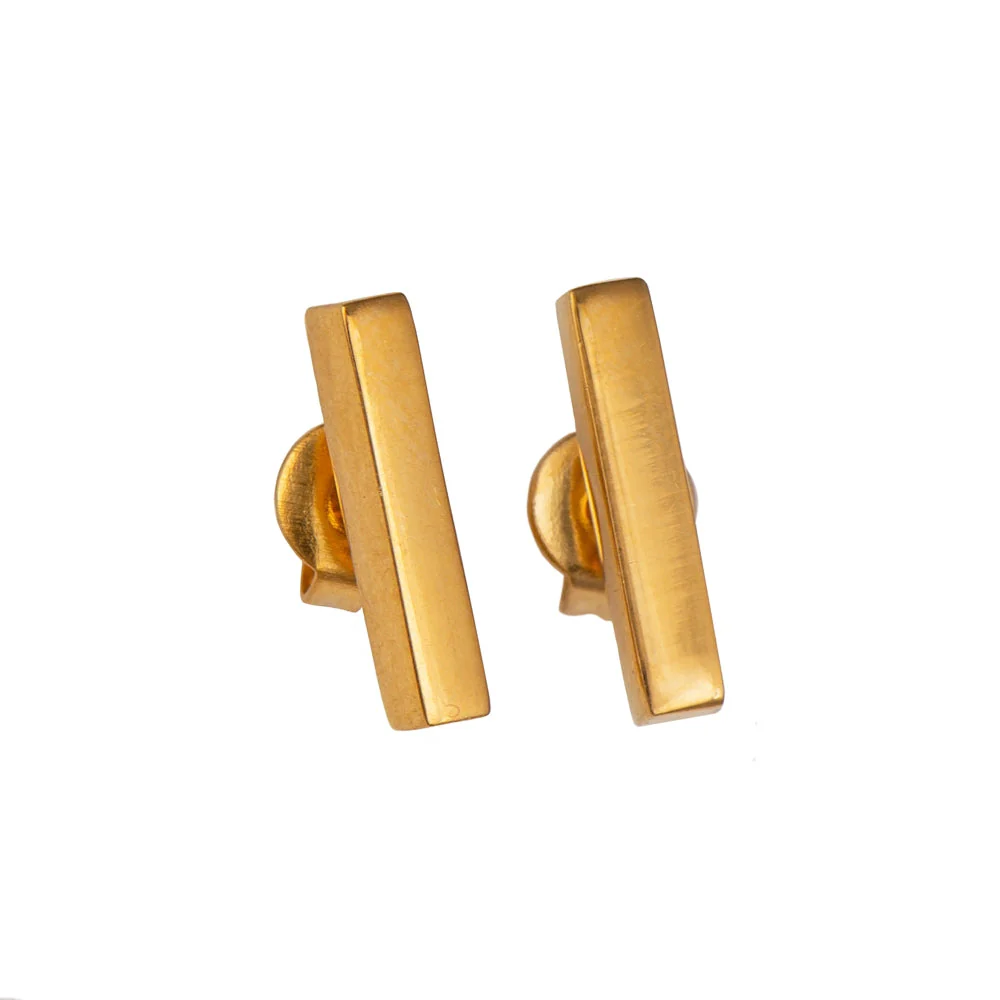 Dainty Cuboid Shaped Straight Bar Gold Plated Sterling Silver Stud Earrings - Image 2