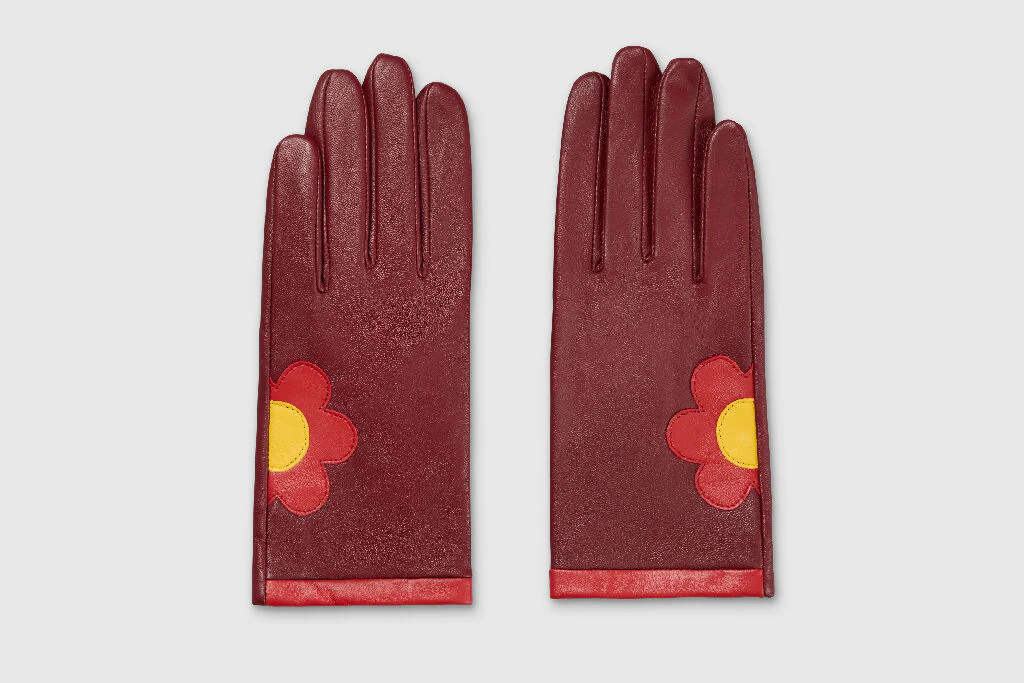 Mabel Sheppard Daisy Leather Gloves in Burgundy, Red and Yellow - Image 3