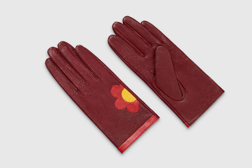Mabel Sheppard Daisy Leather Gloves in Burgundy, Red and Yellow - Image 5