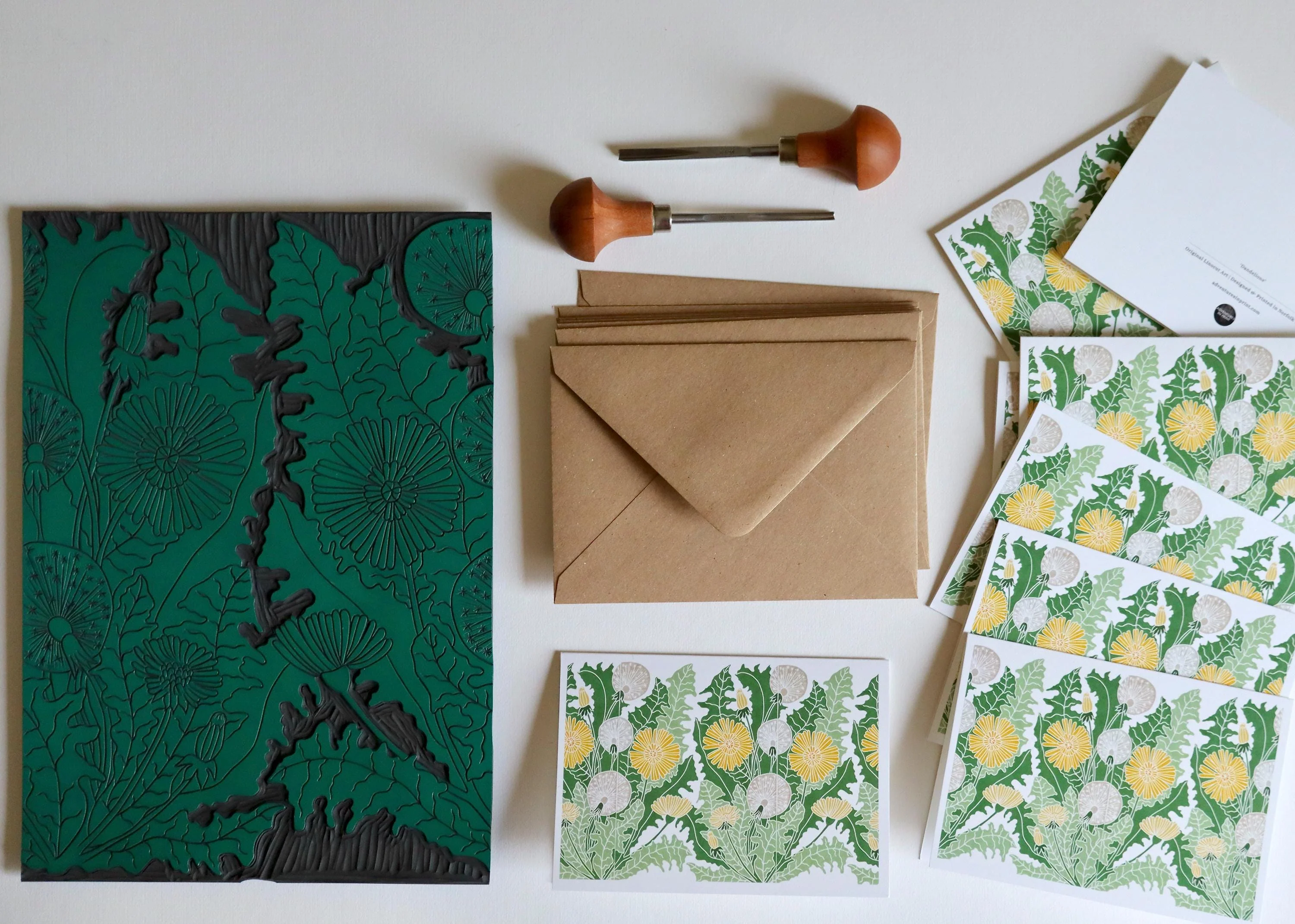 Dandelion Flower Linocut Art Note Cards | Set of 8 Notecards & Envelopes - Image 4