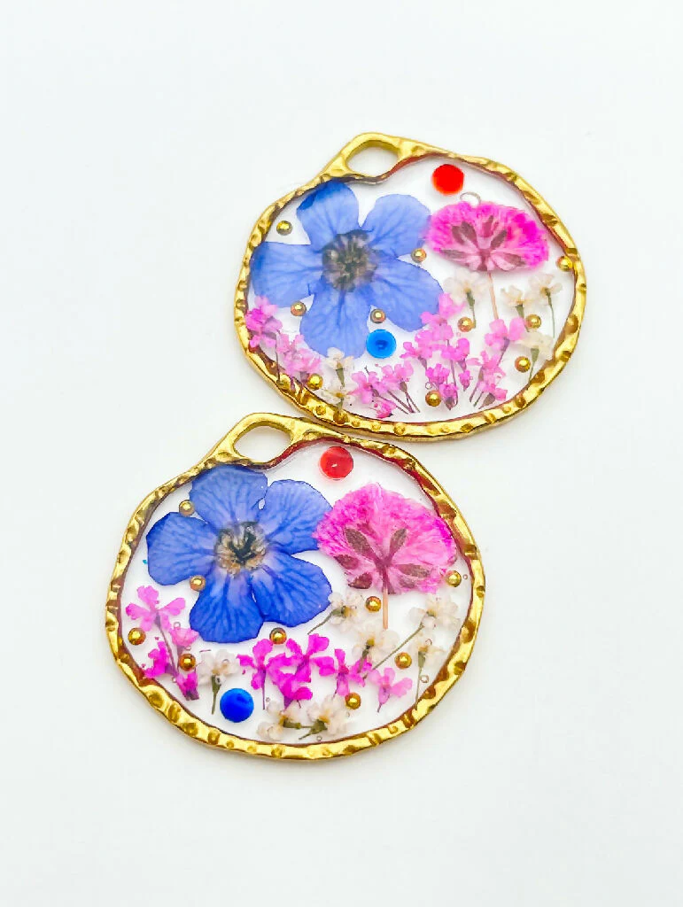 Dangling earrings with real pink and blue flower - Image 3