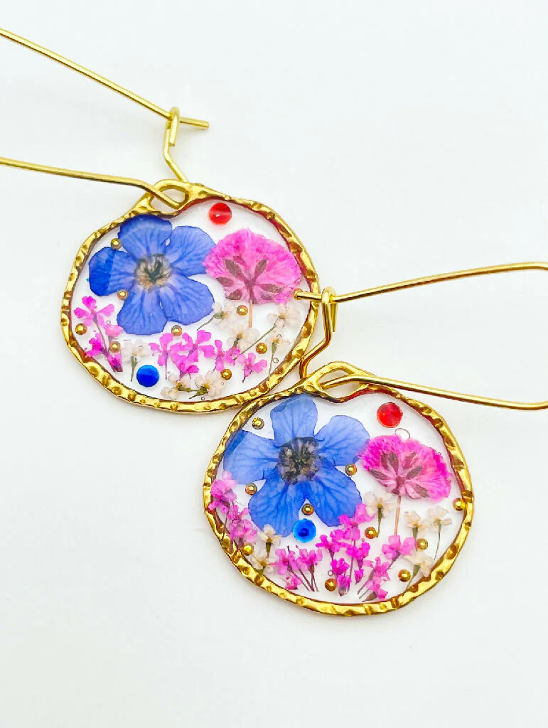 Dangling earrings with real pink and blue flower - Image 5