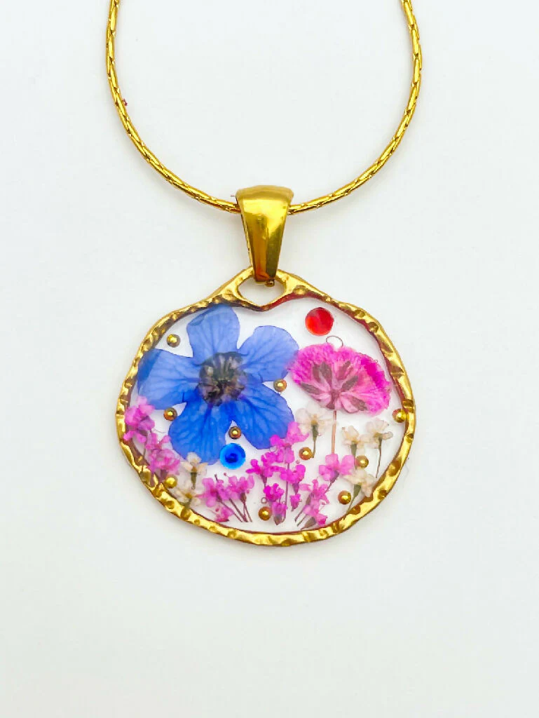 Dangling earrings with real pink and blue flower - Image 6