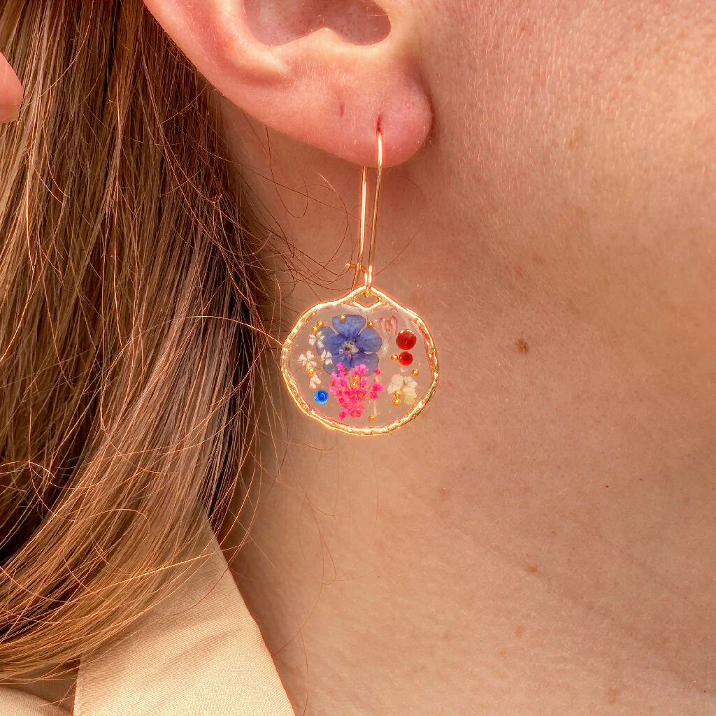 Dangling earrings with real pink and blue flower - Image 9