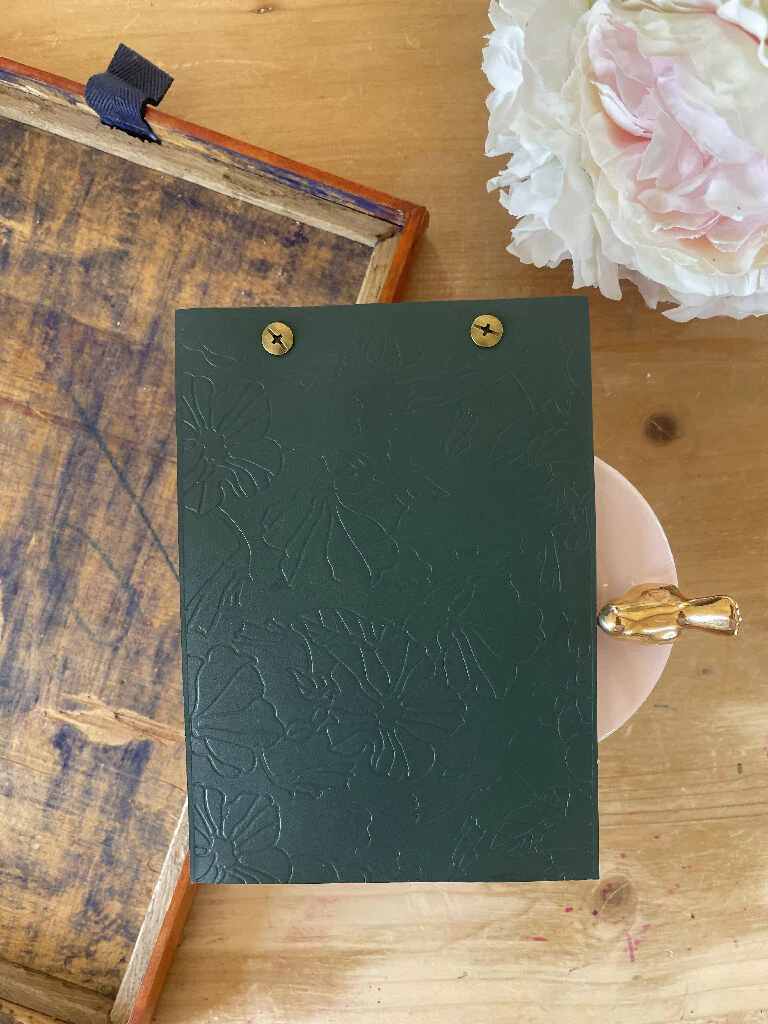 Embossed Dark Green Coloured Leather A6 Notebook with Metal Fastenings - Image 5