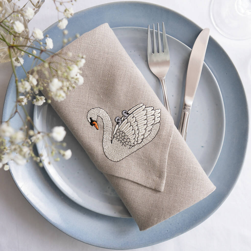 Embroidered Set of Two Swan Napkins - Image 5