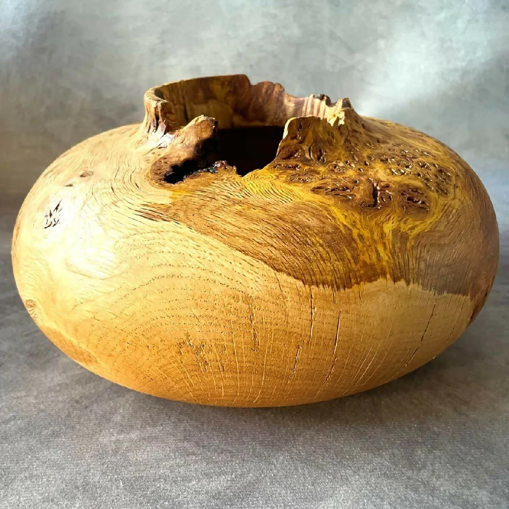 English Oak Burr Hollow Form with Natural Edge | Turned Art - Image 2