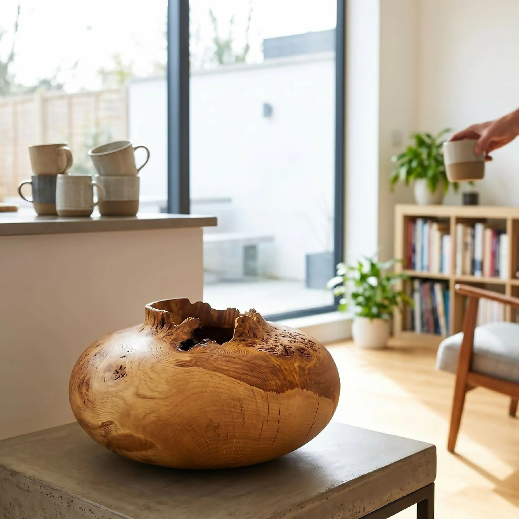 English Oak Burr Hollow Form with Natural Edge | Turned Art - Image 3