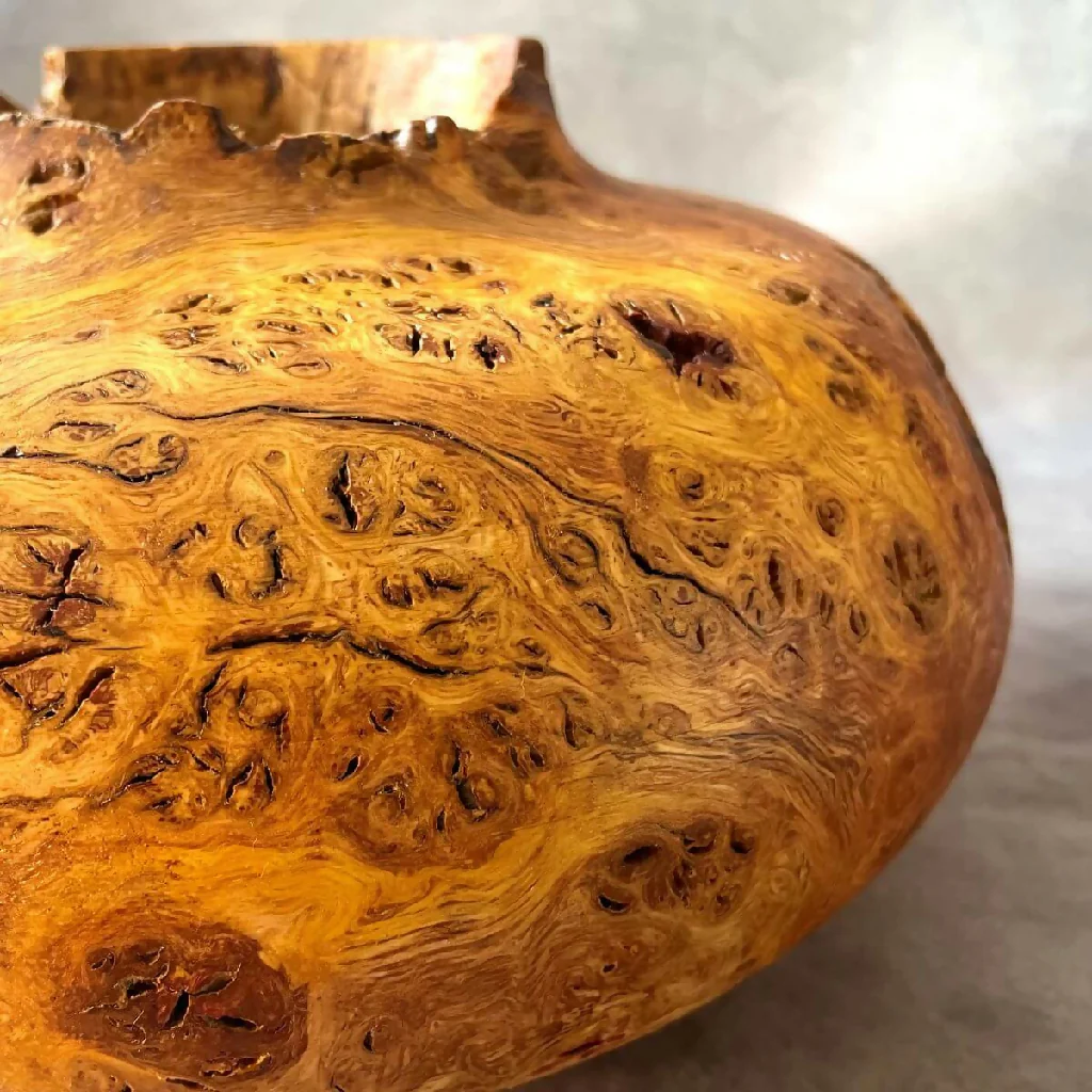 English Oak Burr Hollow Form with Natural Edge | Turned Art - Image 4
