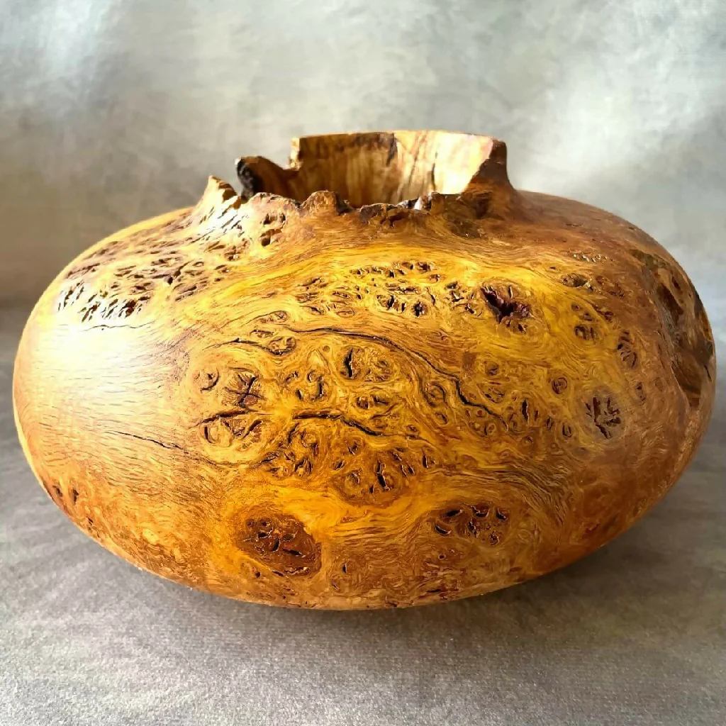 English Oak Burr Hollow Form with Natural Edge | Turned Art - Image 5