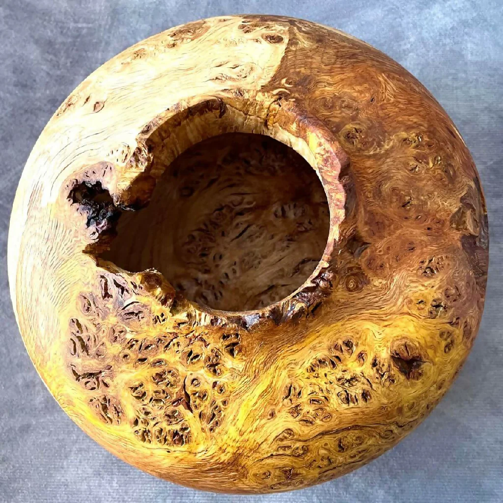 English Oak Burr Hollow Form with Natural Edge | Turned Art - Image 6