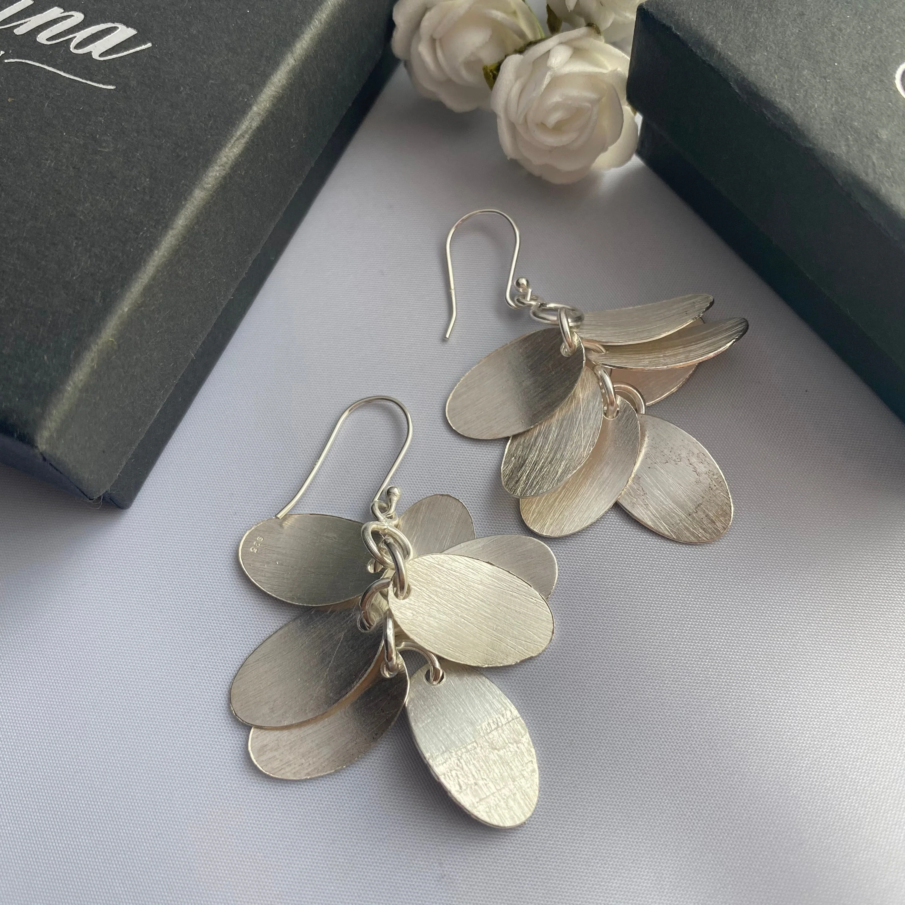 Falling Leaves Brushed Silver Long Dangle Earrings - Image 4