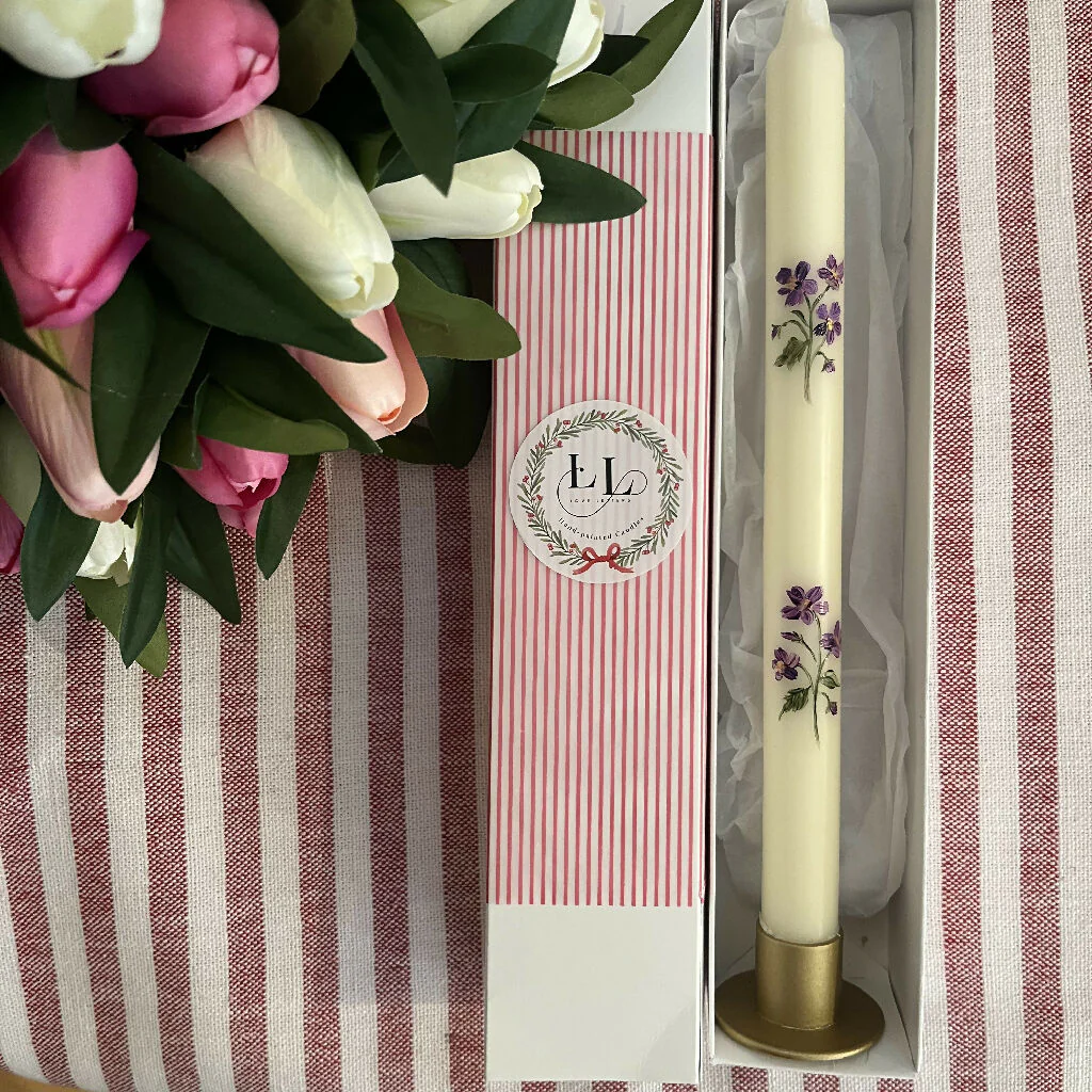 February Birth Flower Candle - Hand Painted Violet Candle with Metal Holder - Image 2