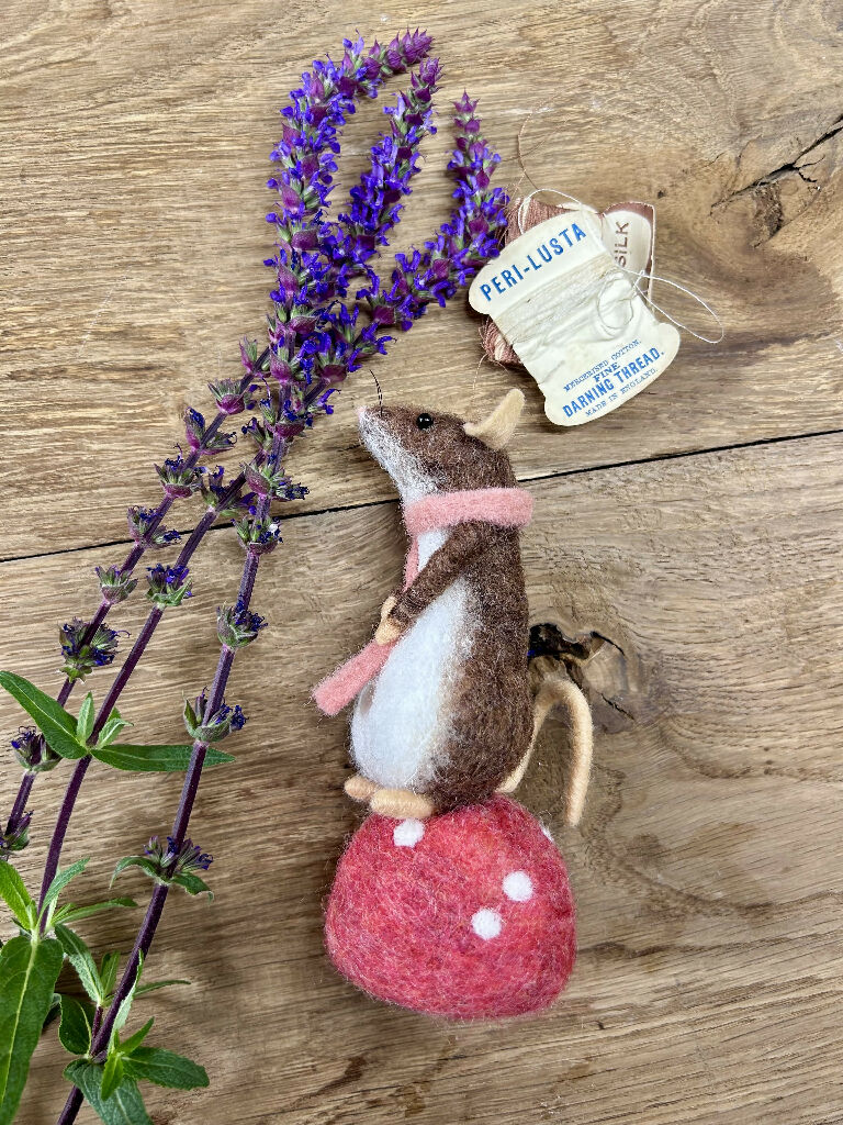 Felt Woodland Mouse on Mushroom Pincushion – Luxury Craft & Sewing Gift - Image 2