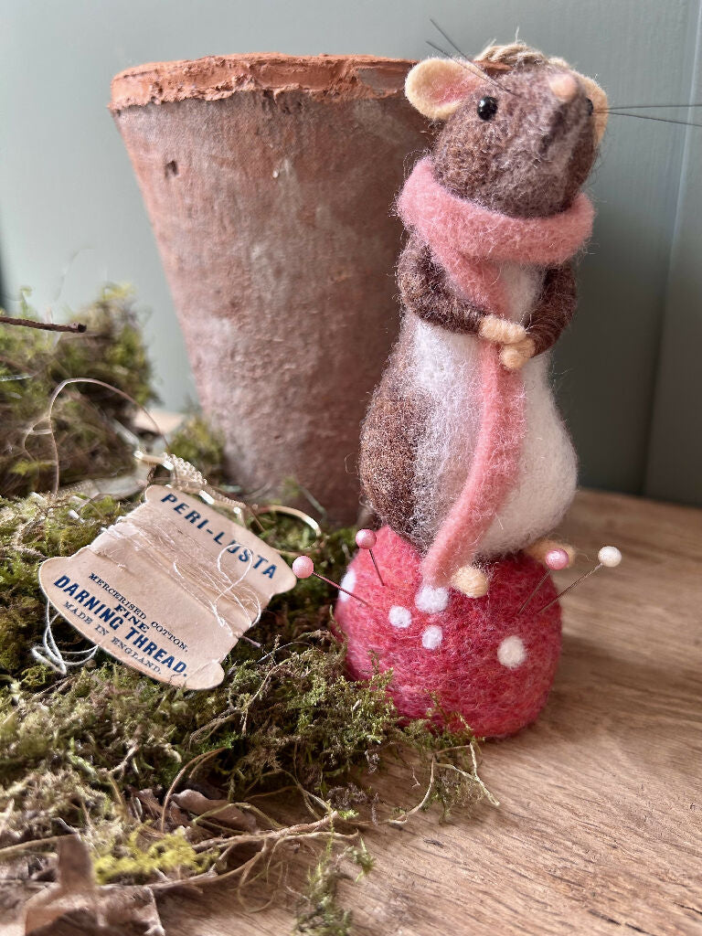 Felt Woodland Mouse on Mushroom Pincushion – Luxury Craft & Sewing Gift - Image 3