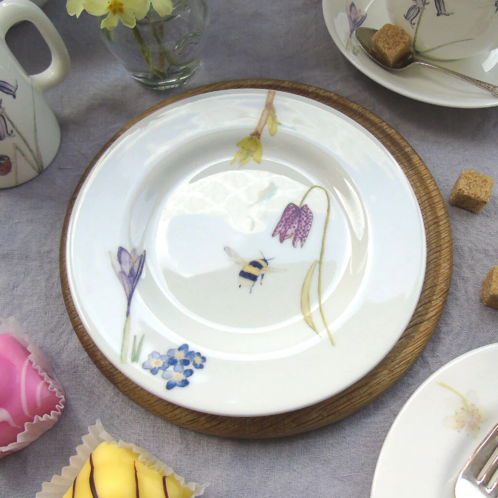 Fine Bone China Bee and Spring Flowers Cake Plate - Image 3