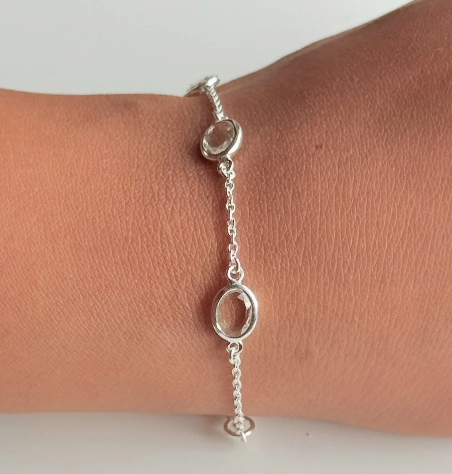 Four Oval Shaped Green Amethyst Gemstone Adjustable Bracelet in Sterling Silver - Image 3