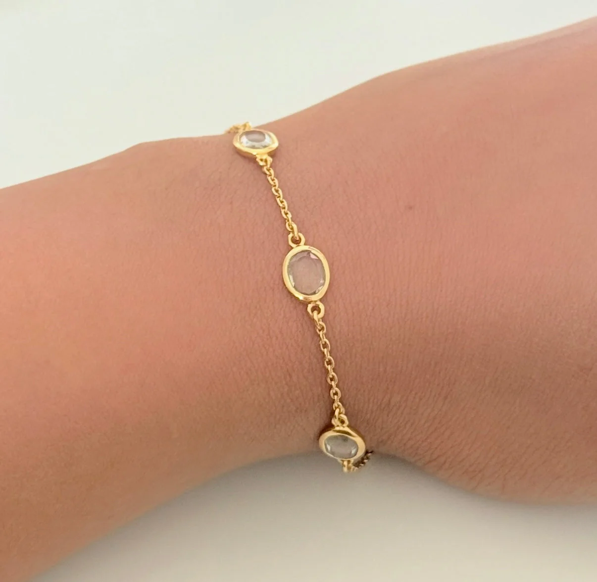 Four Oval Shaped Green Amethyst Gemstone Adjustable Bracelet in Vermeil Gold