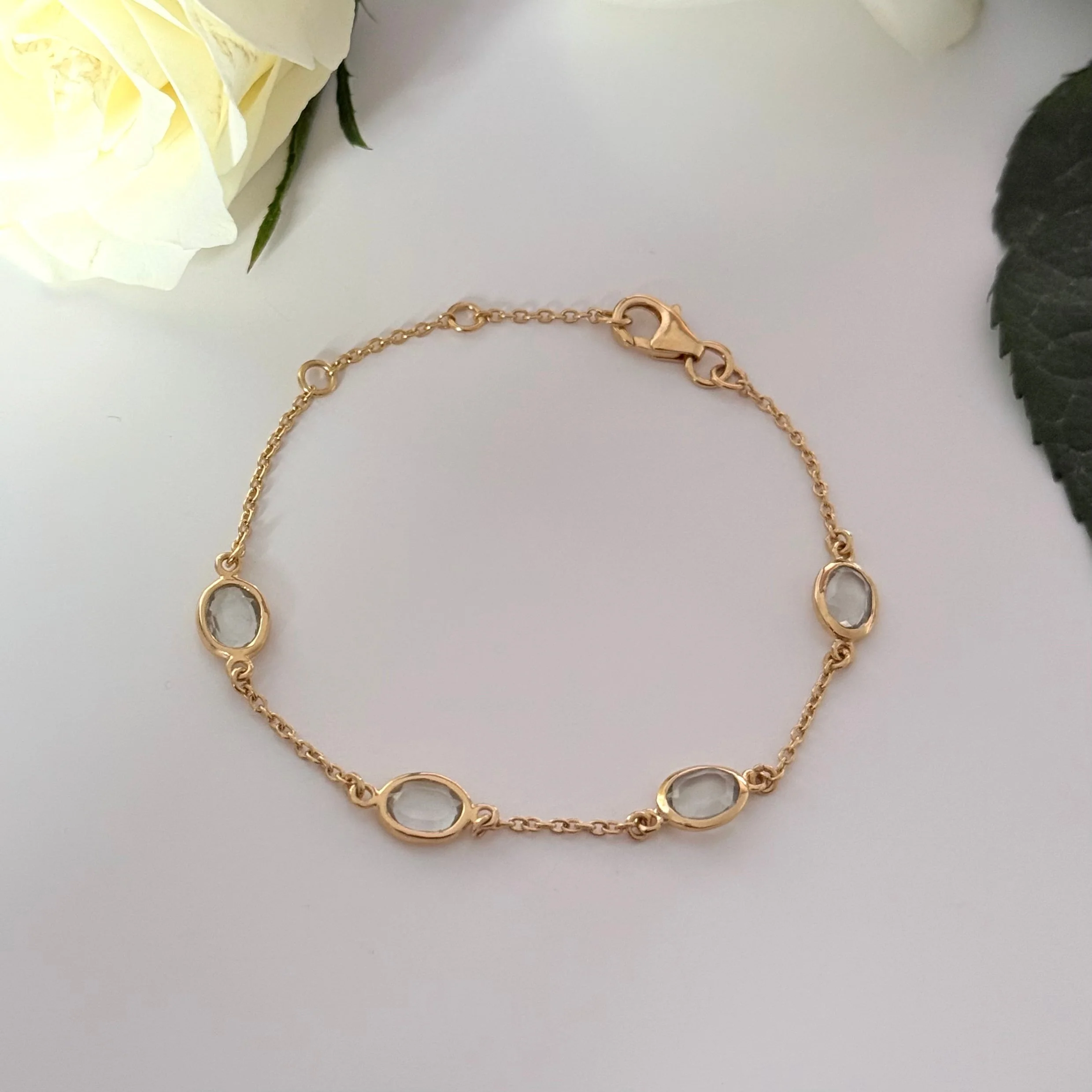 Four Oval Shaped Green Amethyst Gemstone Adjustable Bracelet in Vermeil Gold - Image 3