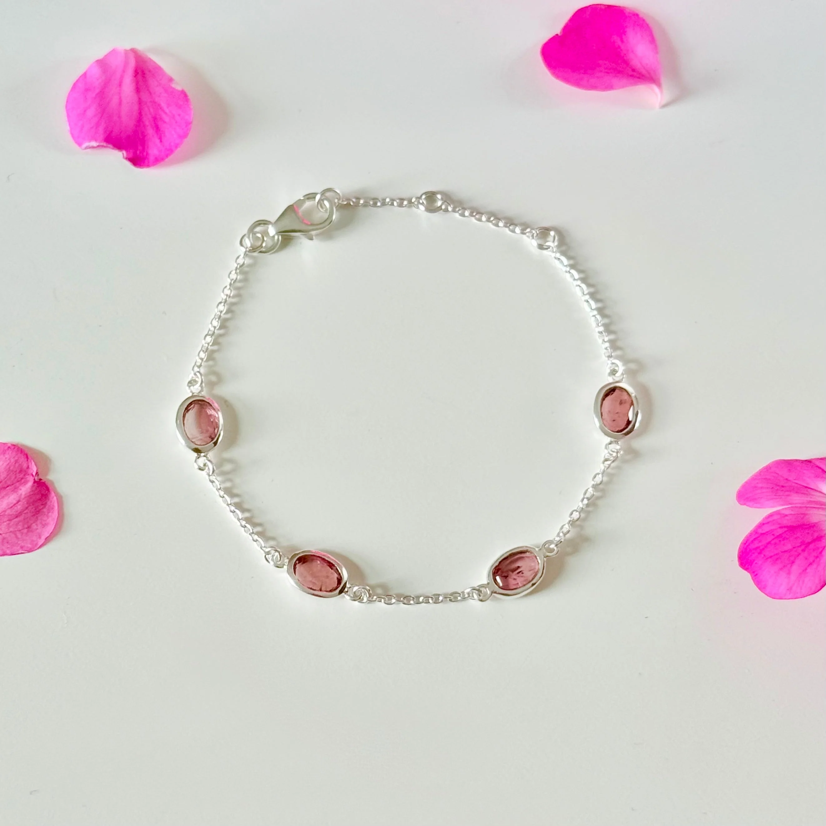Four Oval Shaped Pink Tourmaline Gemstone Adjustable Bracelet in Sterling Silver - Image 3