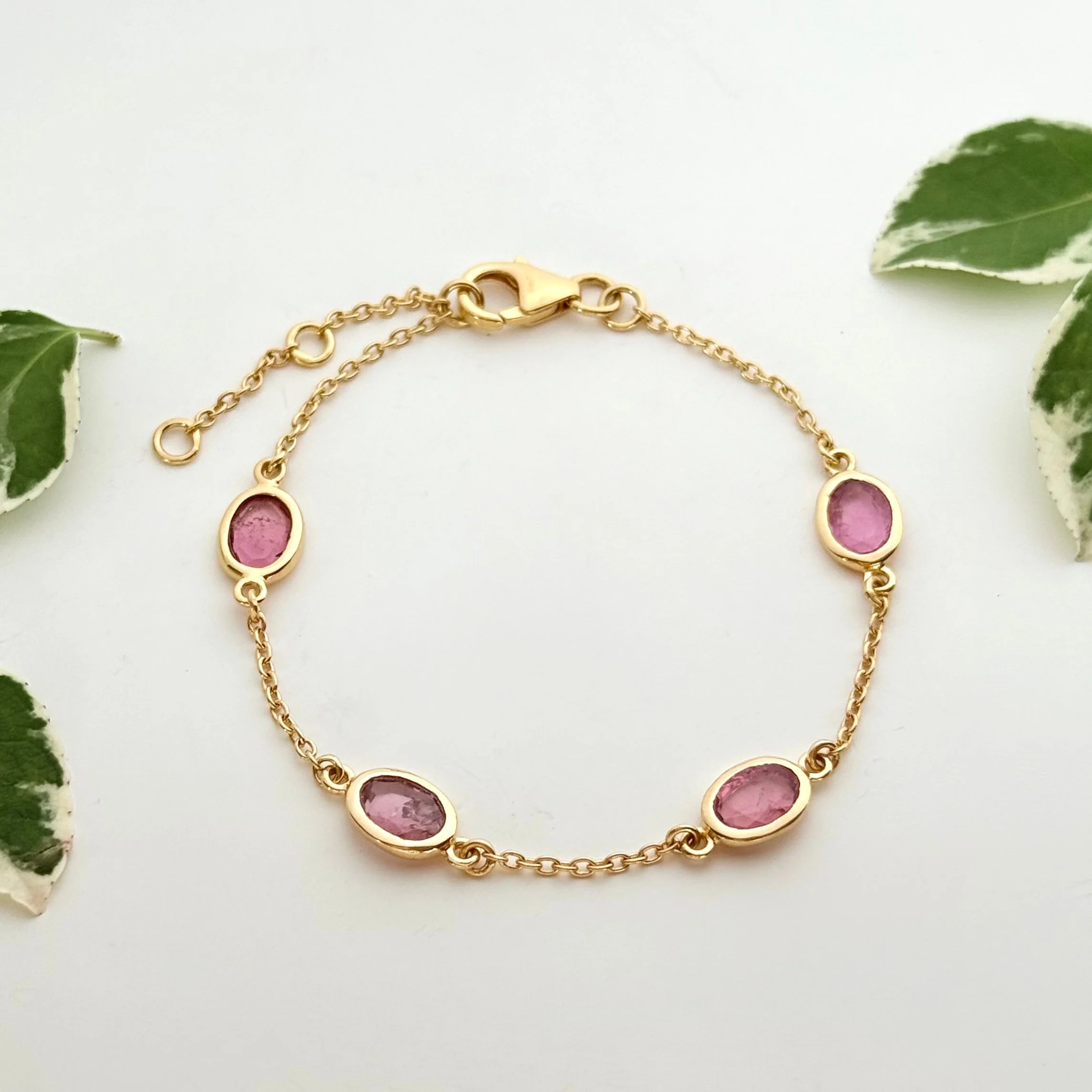 Four Oval Shaped Pink Tourmaline Gemstone Adjustable Bracelet in Vermeil Gold