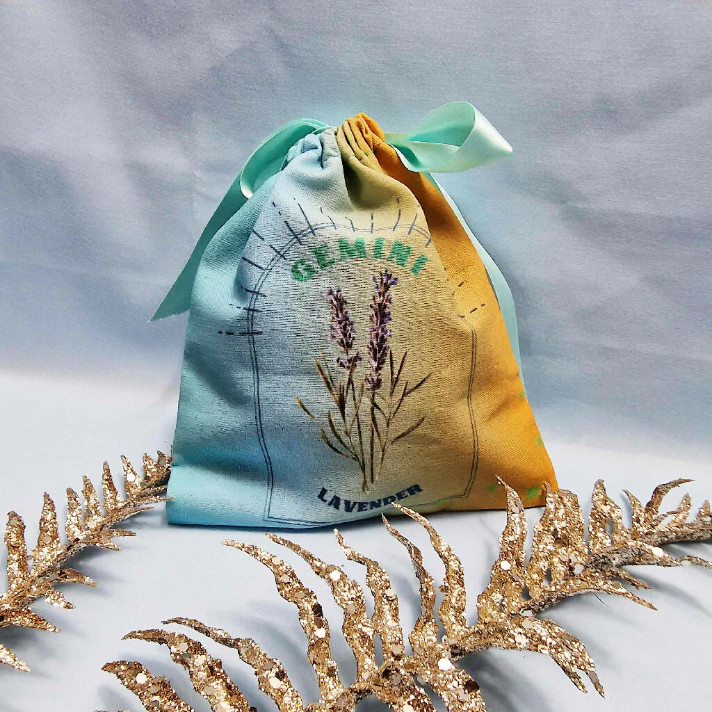 Gemini Lavender Birth Flower Gift Pouch in Blue and Yellow - Image 3