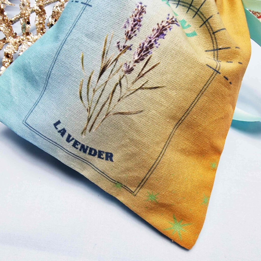 Gemini Lavender Birth Flower Gift Pouch in Blue and Yellow - Image 4