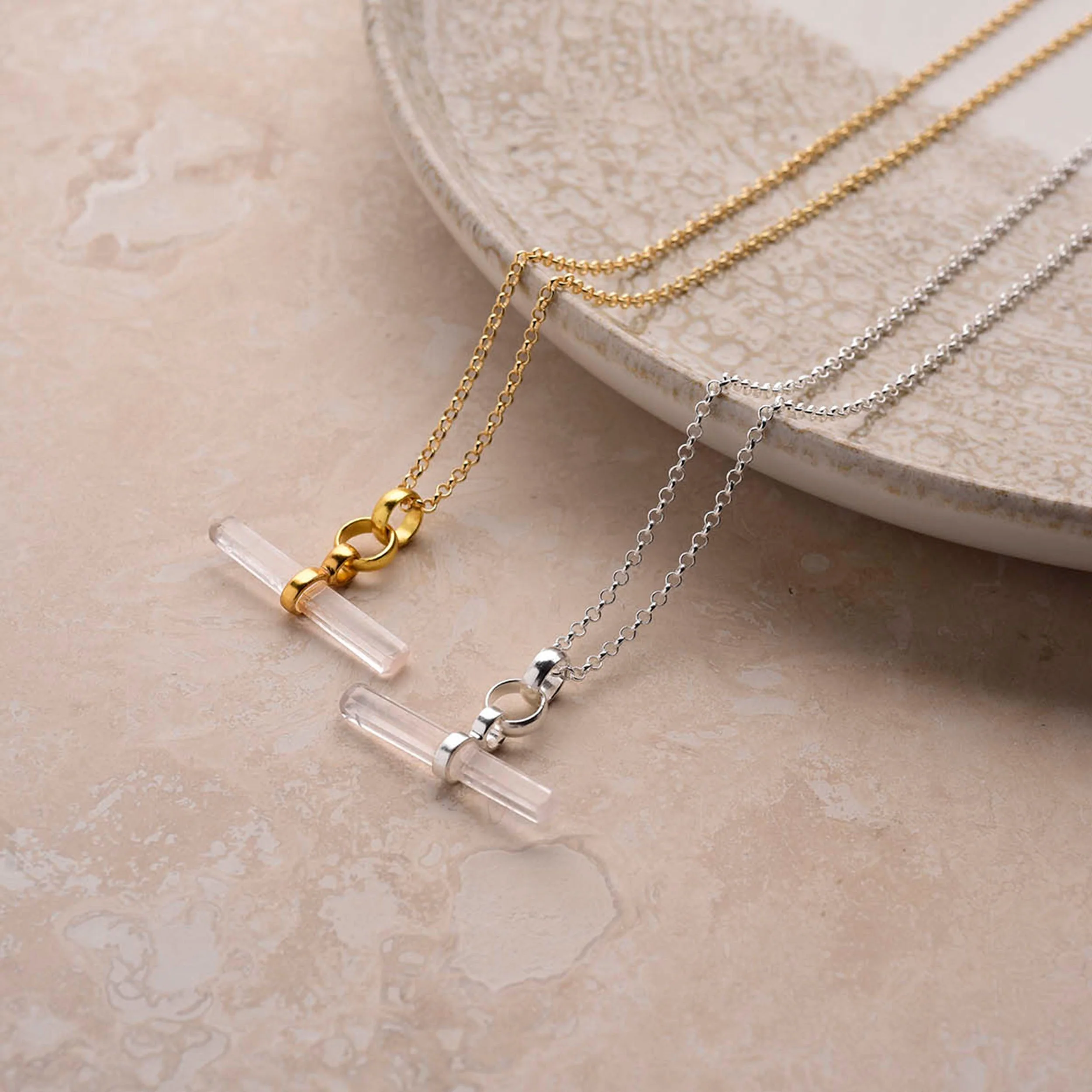 Gemstone T-Bar Necklace - Quartz - Image 2