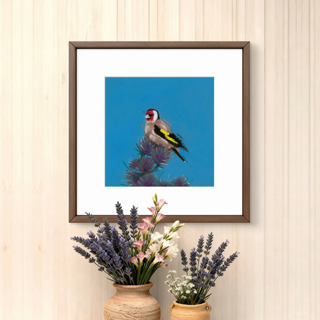 Gilded Thistle Gold Finch Giclee Fine Art Print with Blue Background