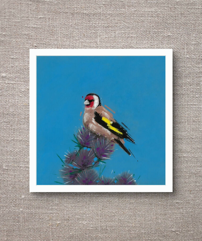 Gilded Thistle Gold Finch Giclee Fine Art Print with Blue Background - Image 3