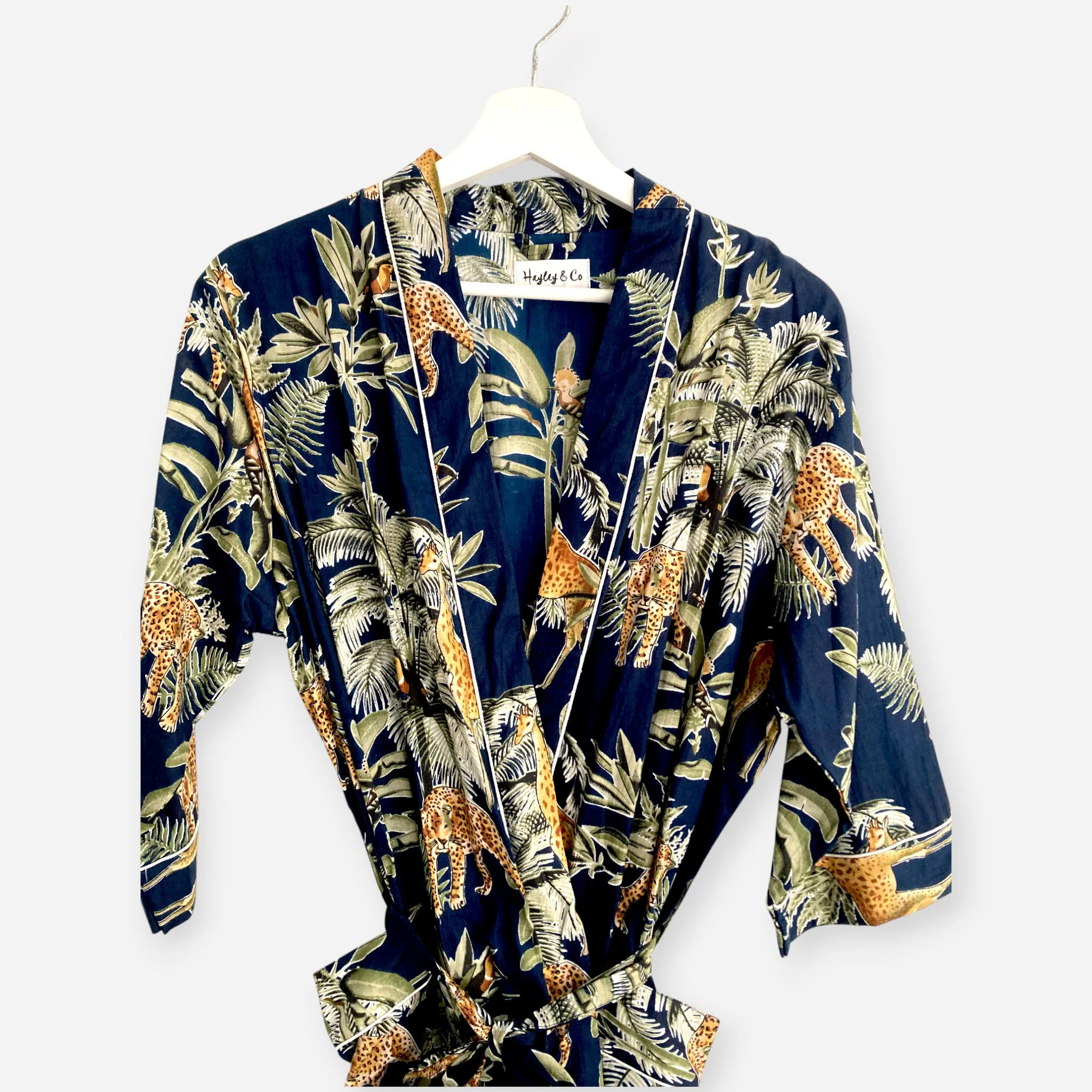 Giraffe Print 100% Cotton Dressing Gown in Dark Blue - Image 6