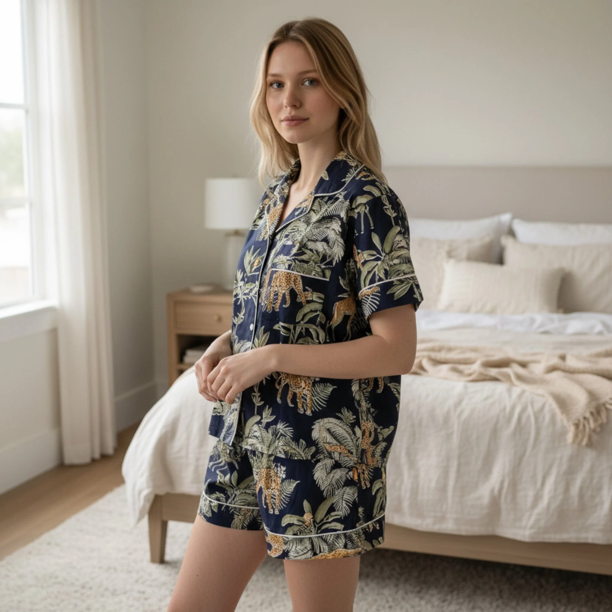 Giraffe Print 100% Cotton Short Pyjama Set in Dark Blue