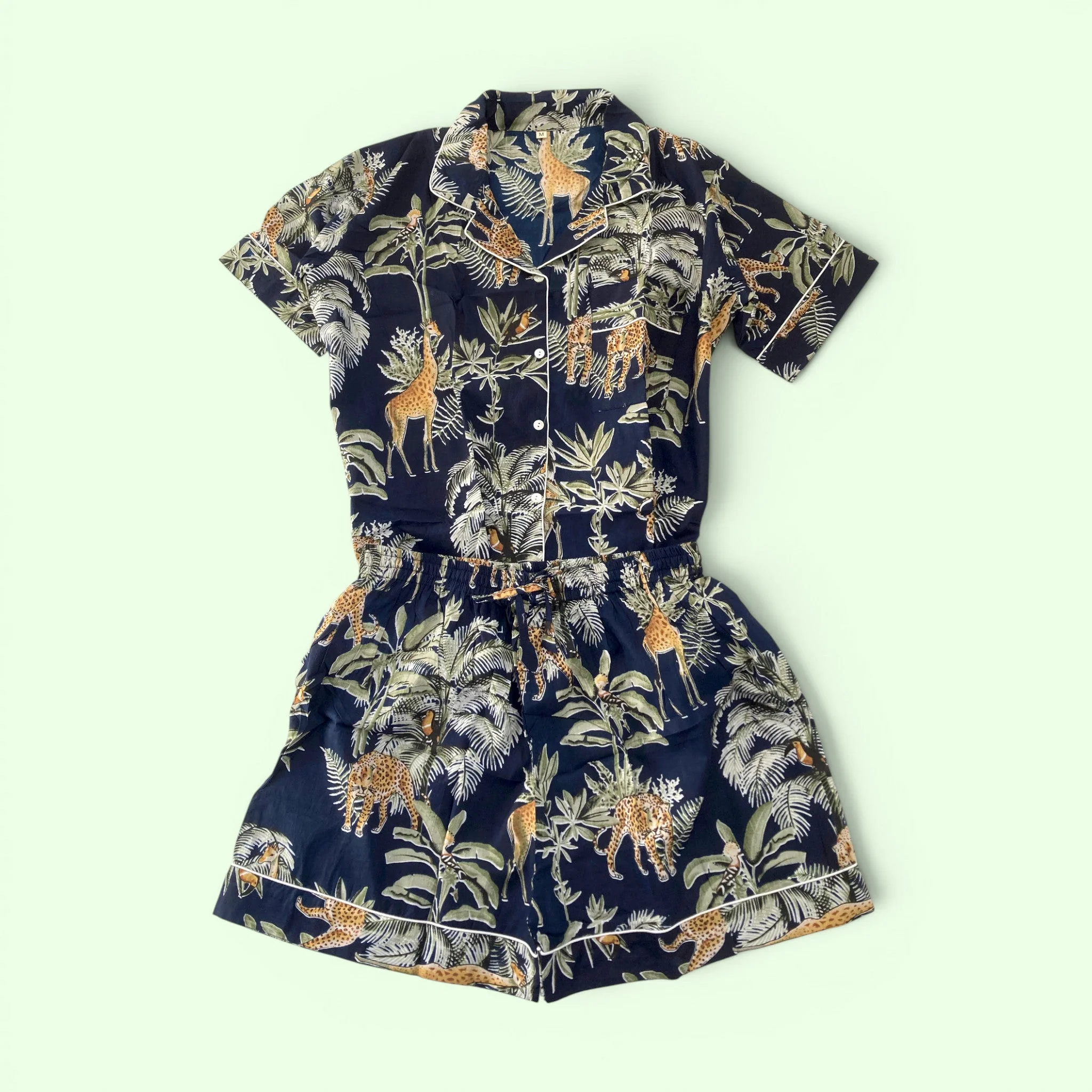 Giraffe Print 100% Cotton Short Pyjama Set in Dark Blue - Image 4