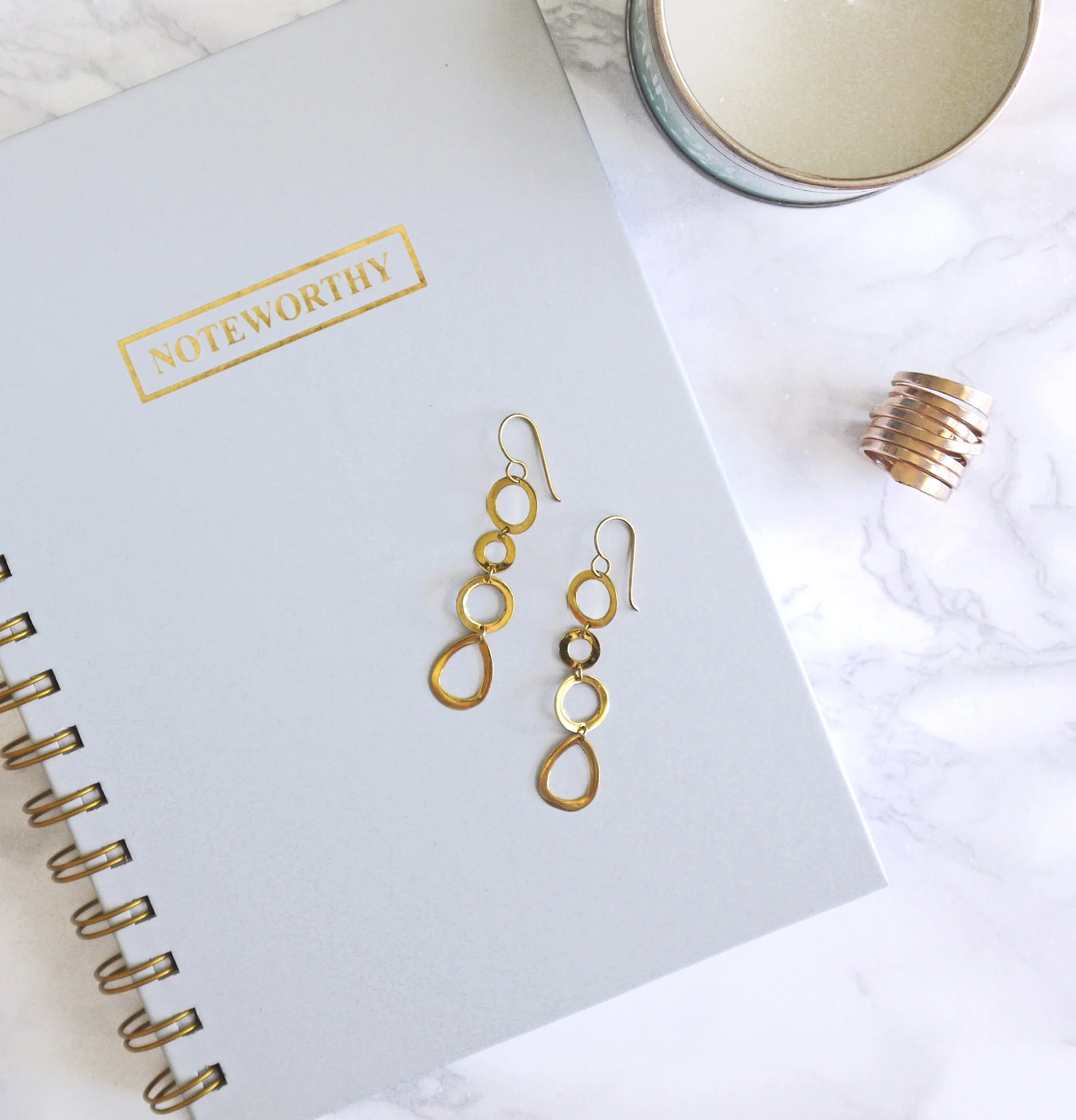 Gold Plated Sterling Silver Long Earrings with Round and Tear Drop Shaped Rings - Image 4